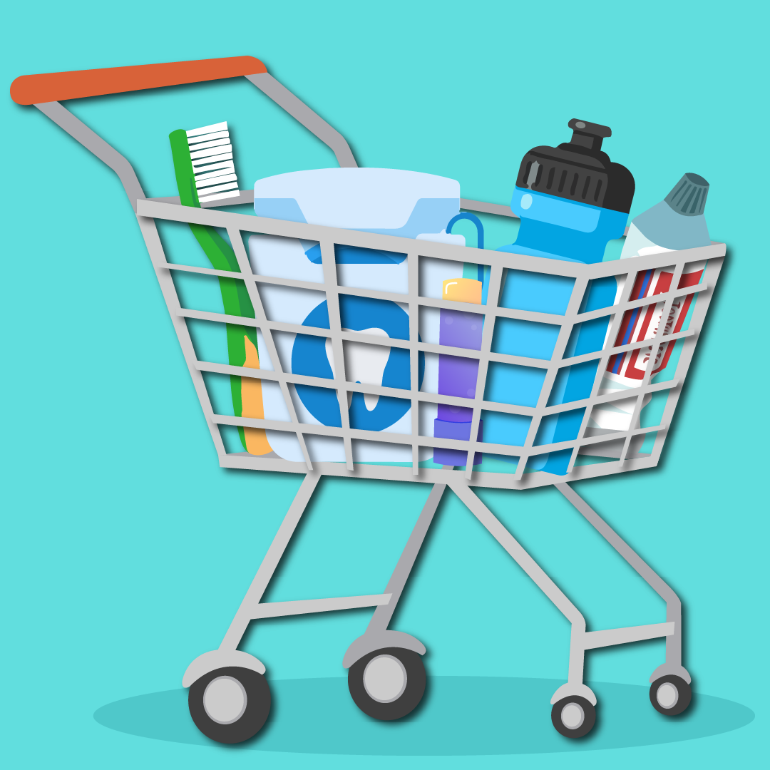 shopping cart with oral hygiene supplies like a toothbrush, toothpaste, dental floss and a water bottle 