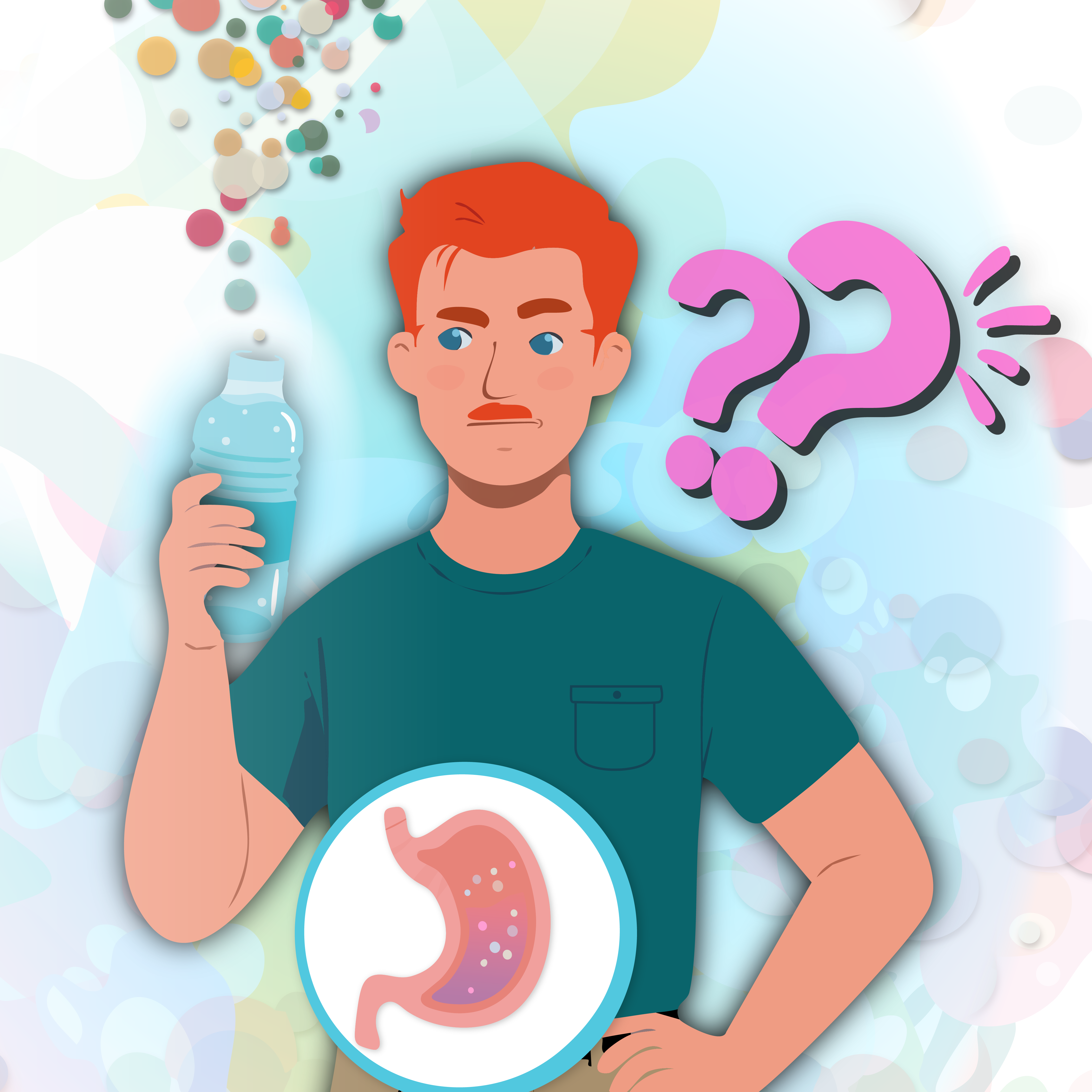Young man holding and examining a disposable plastic water bottle