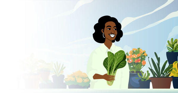 Illustration of a smiling woman holding leafy greens and standing in her garden 