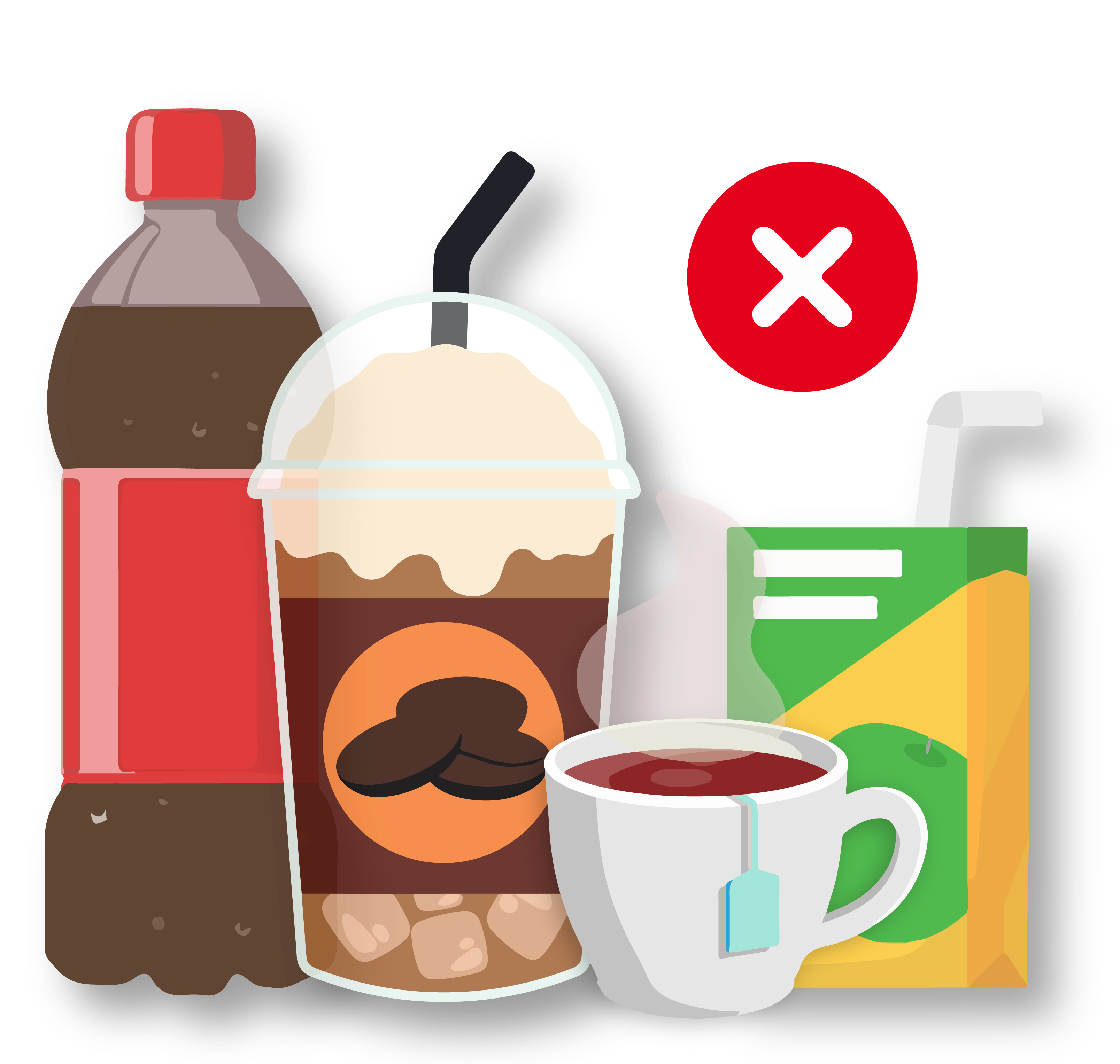 Illustration of a bottle of soda, cups of coffee and tea, and a juice box with a red x