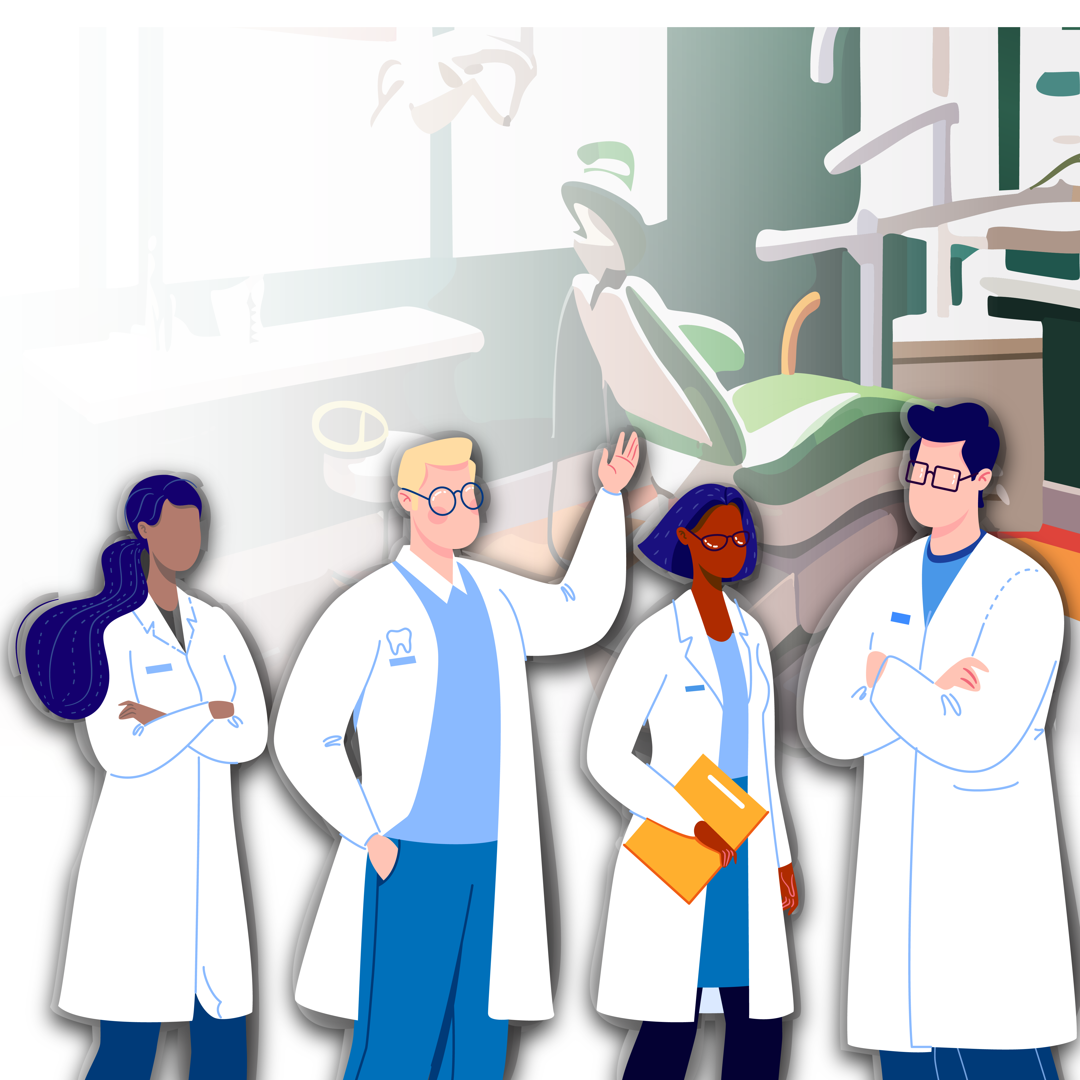 Illustration of clinicians gathered while wearing their lab coats