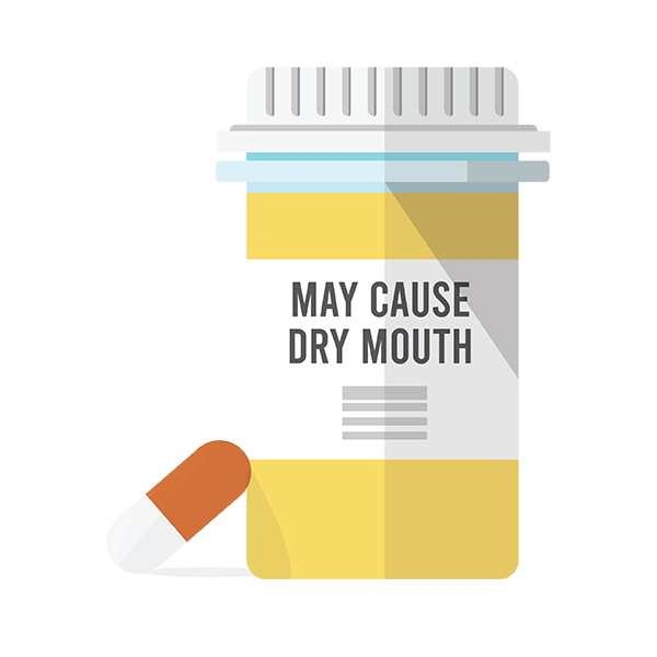 Prescription bottle with warning label that reads: May Cause Dry Mouth