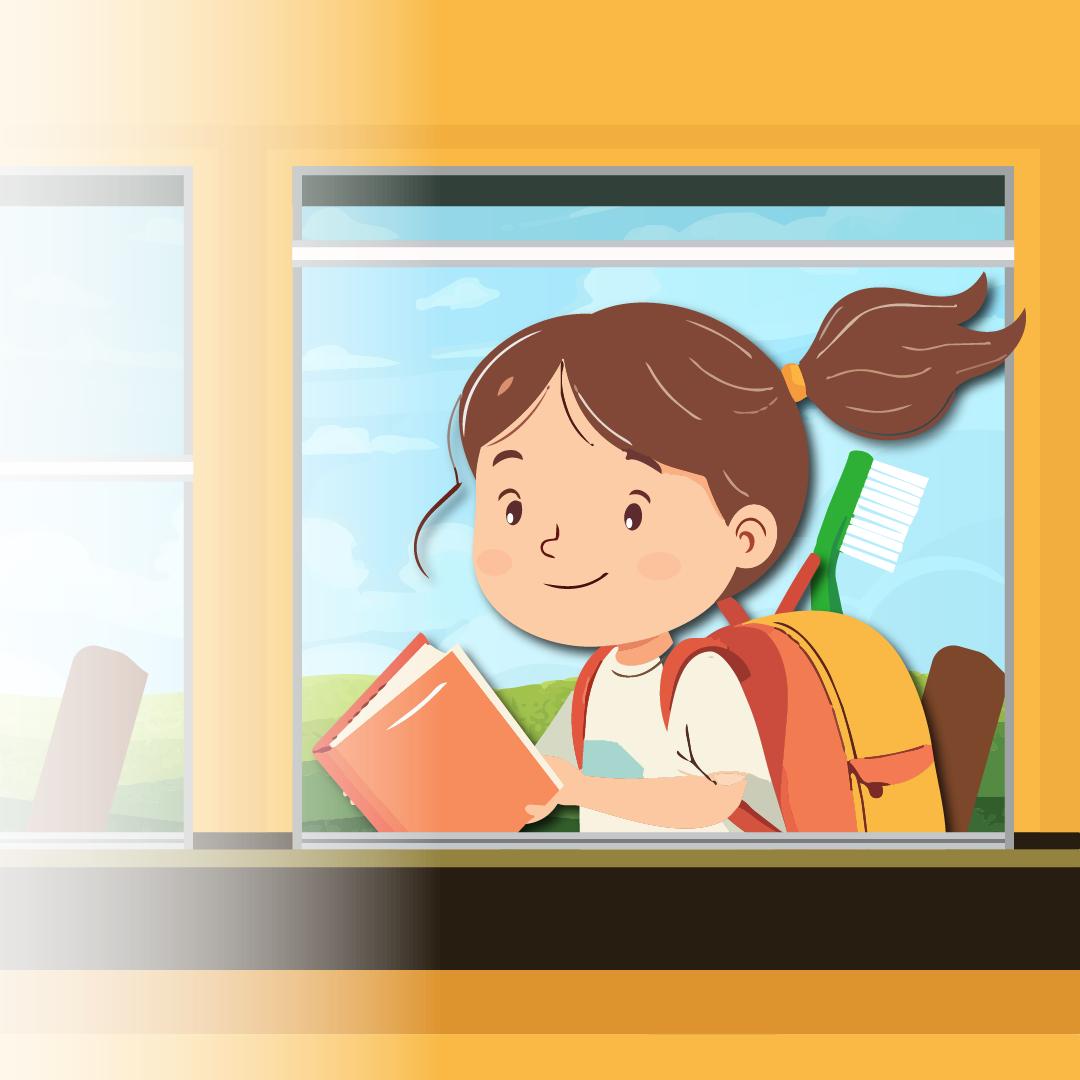 Young girl riding a school bus while reading a book 