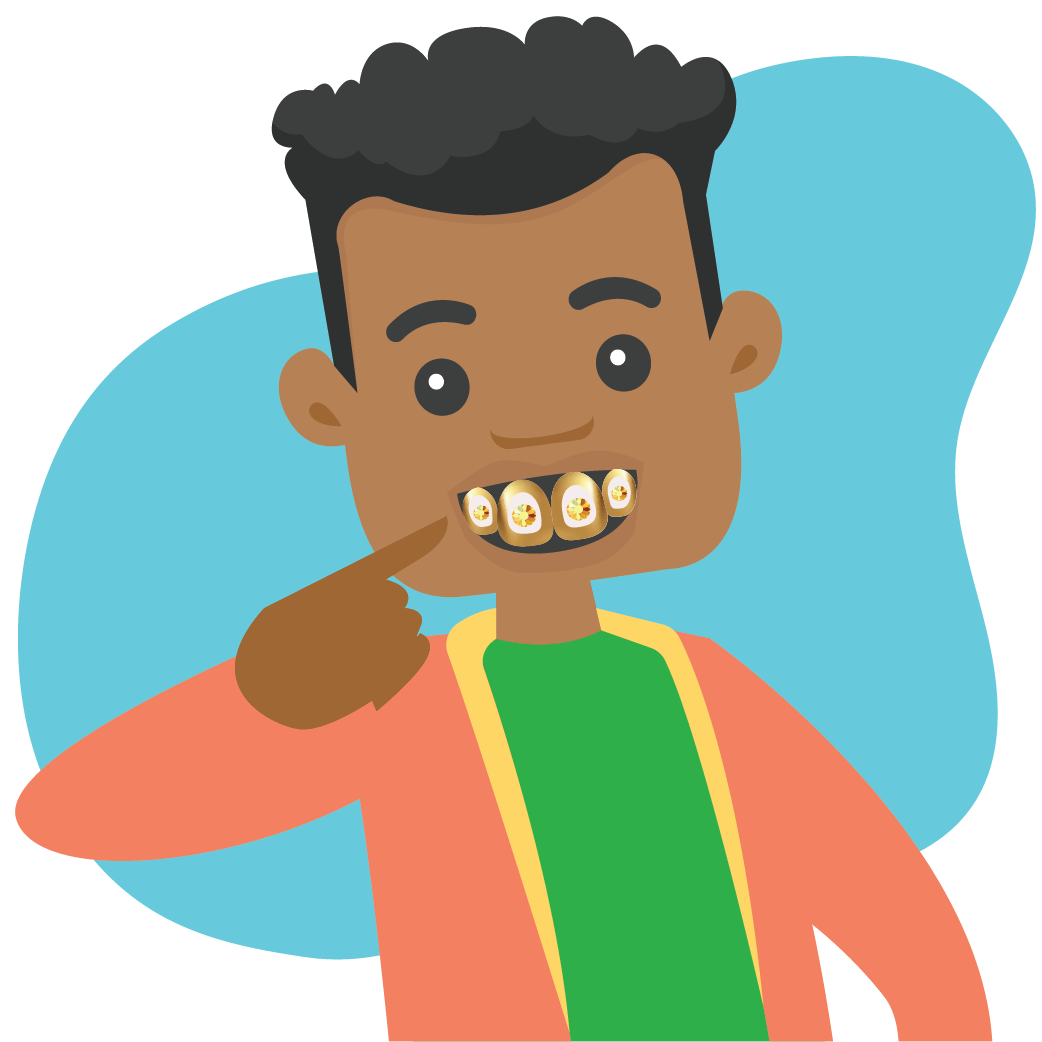 Illustration of a young boy with a grill on his top row of teeth. 