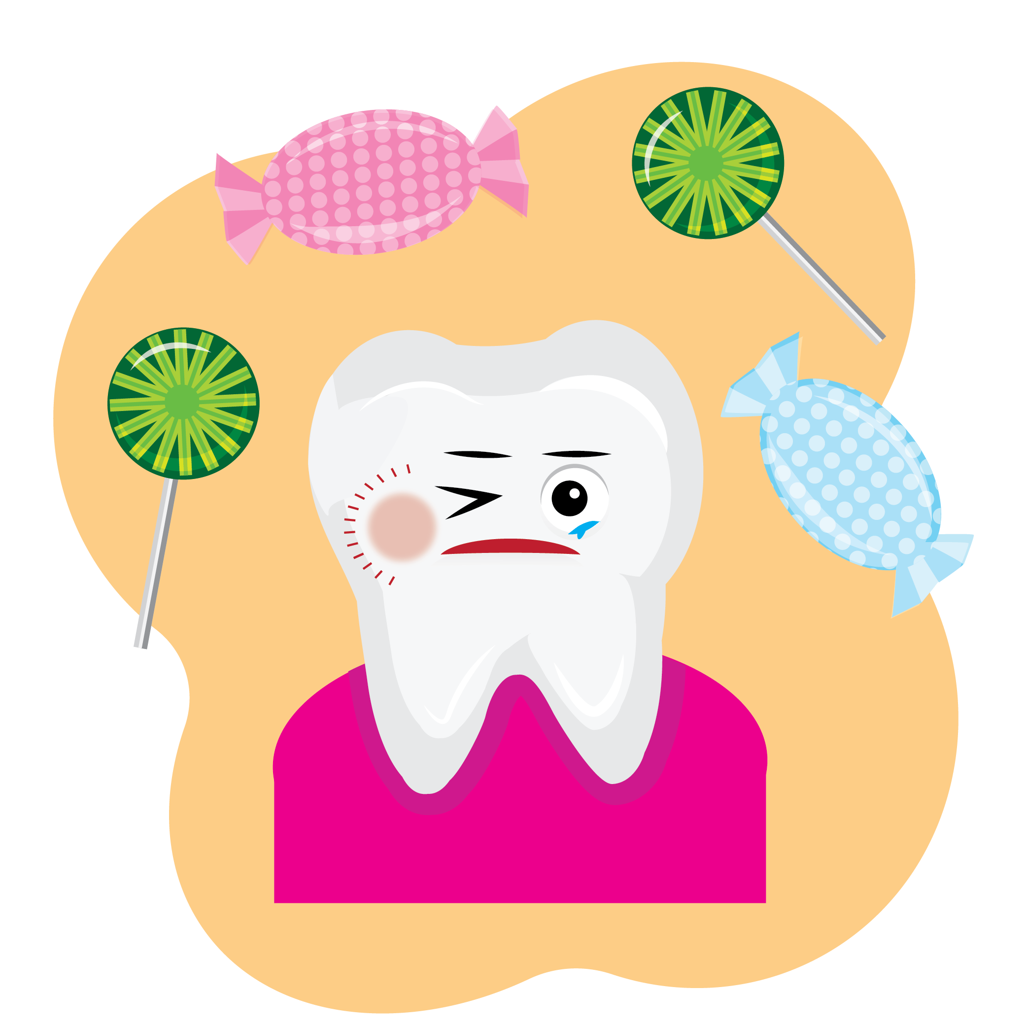 Illustration of a tooth with a pained face surrounded by candy