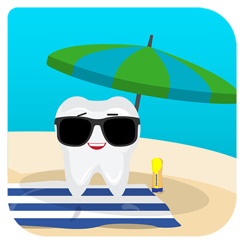 Illustration of tooth wearing sunglasses sitting under an umbrella and on a beach towel.