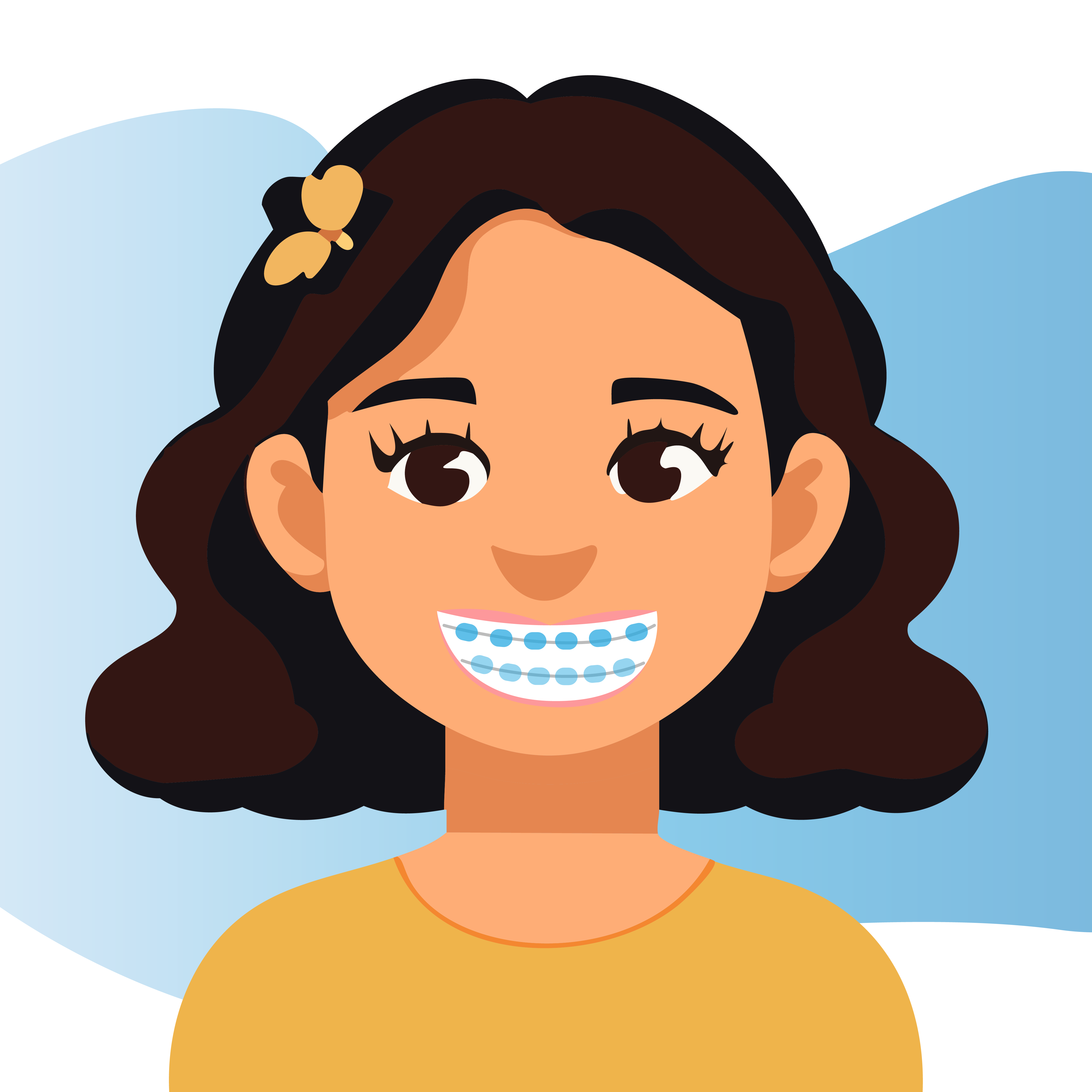 Illustration of a young girl smiling with braces on her teeth