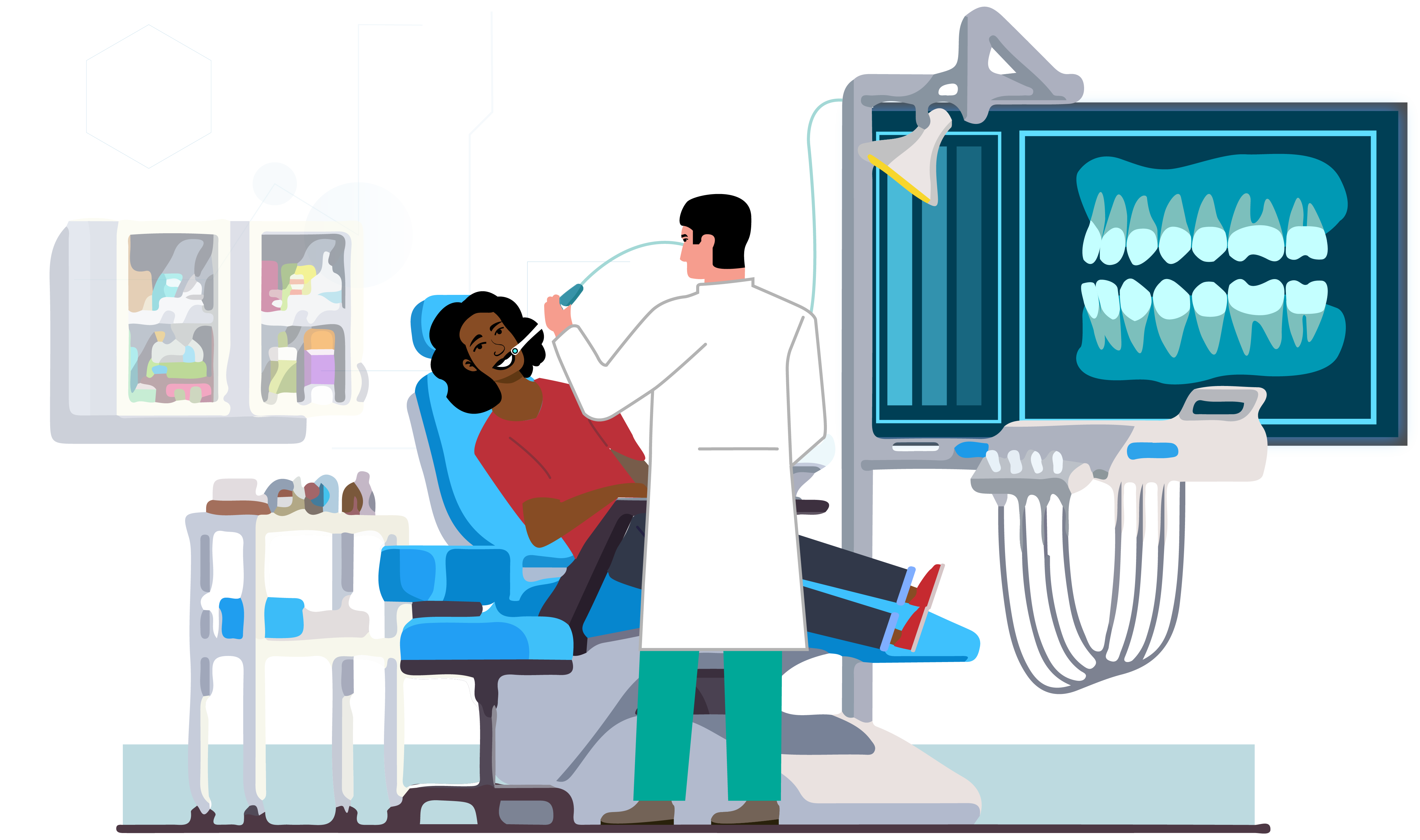 Illustration of a dentist using an intra-oral wand to take an X-ray of a patient's teeth. The X-ray is displayed on a screen.