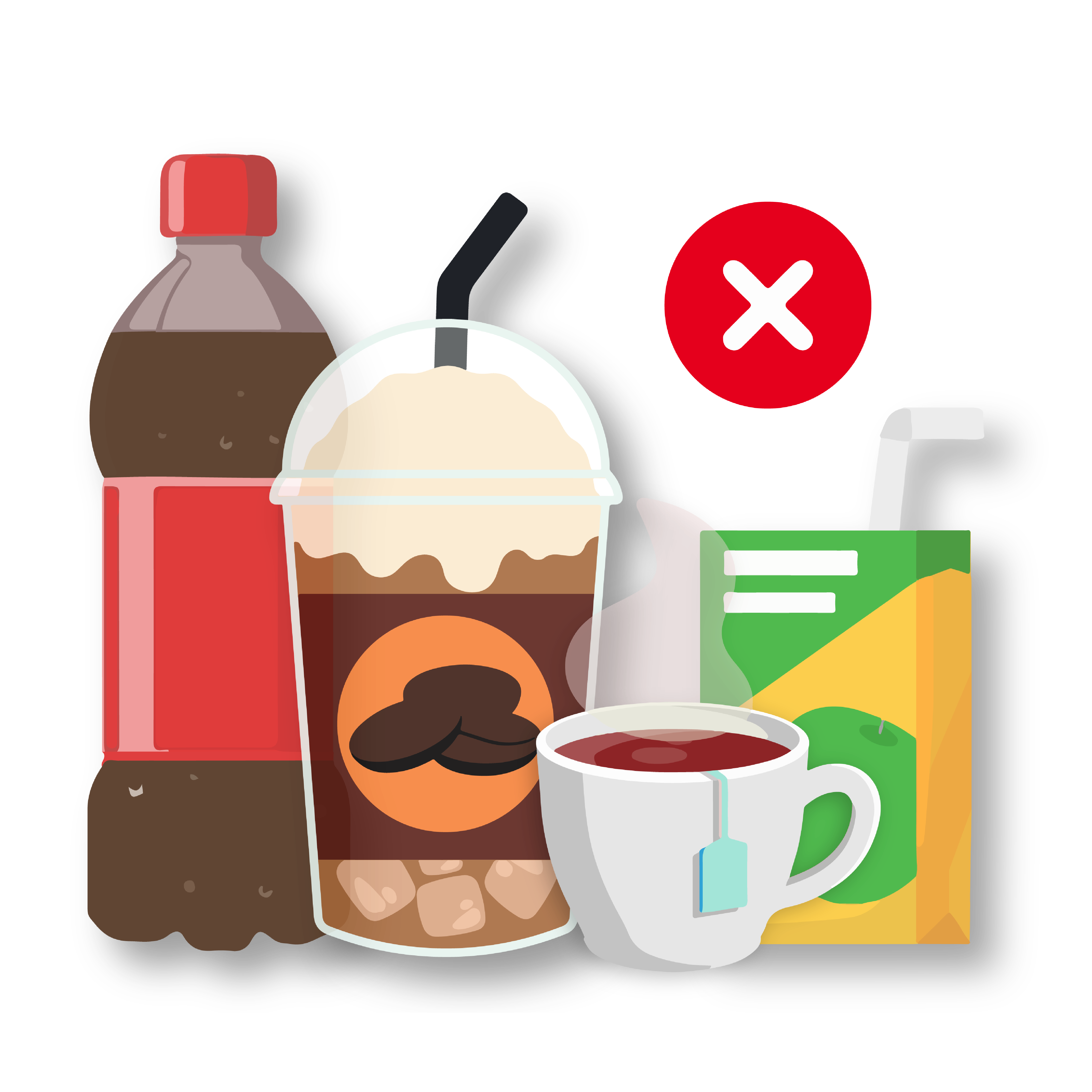 Illustration of sugary drinks that can cause cavities - a bottle of soda, an iced coffee, a cup of tea and a juice box. There is a red X next to these drinks to show they are not choices a dentist would approve drinking them. 