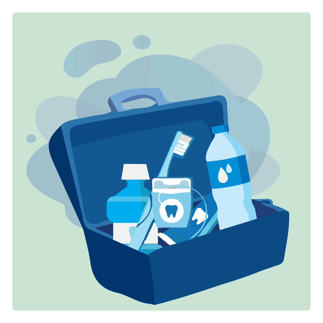 oral health travel kit that includes a toothbrush, floss, mouthwash and a water bottle 