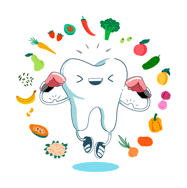 Illustration of a tooth that is wearing boxing gloves surrounded by fruits and vegetables to show how good nutrition makes teeth stronger. 