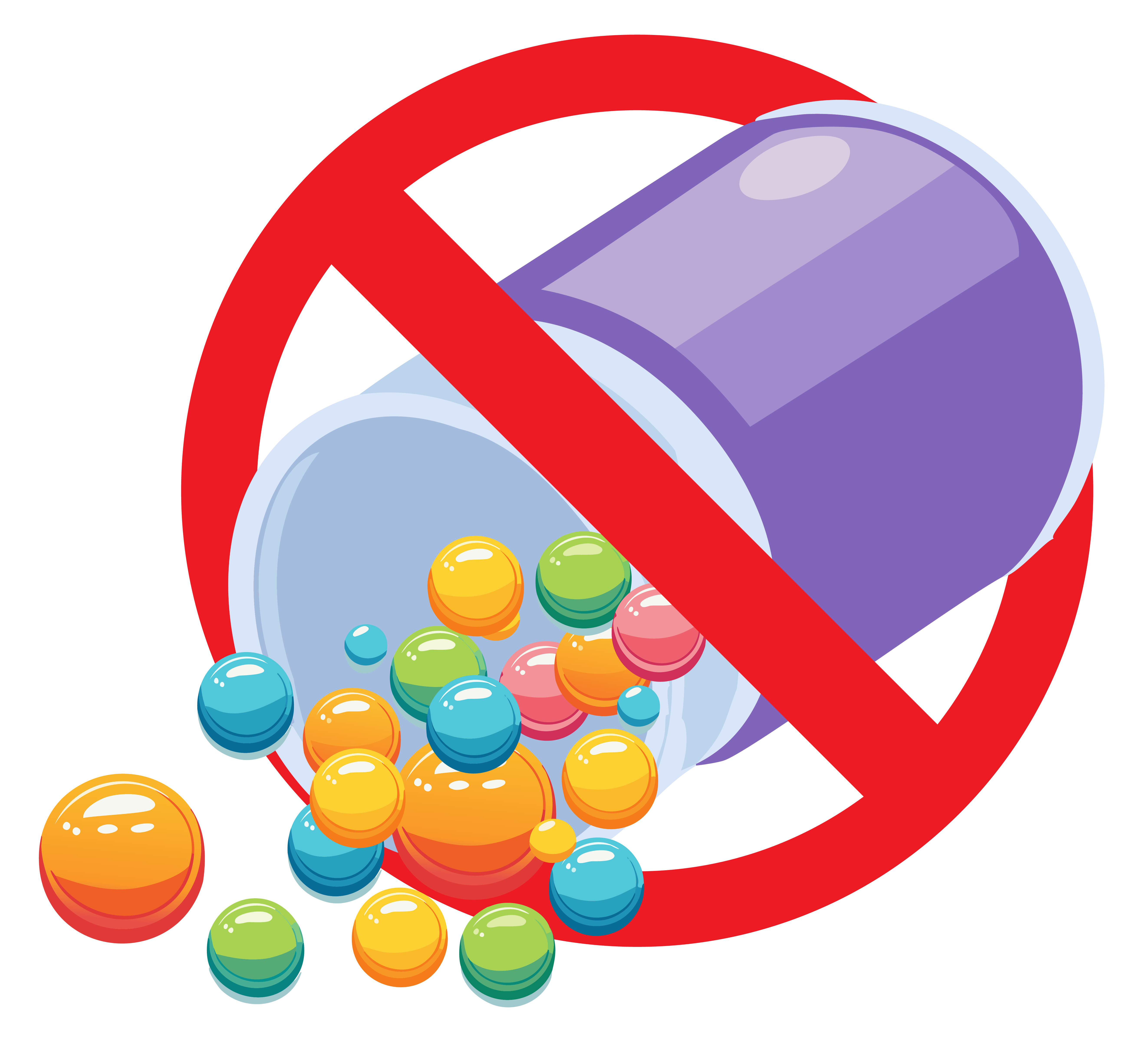 A bottle of colorful vitamins is spilling with a red strike-through across the image to indicate they can be dangerous if too many are taken. 