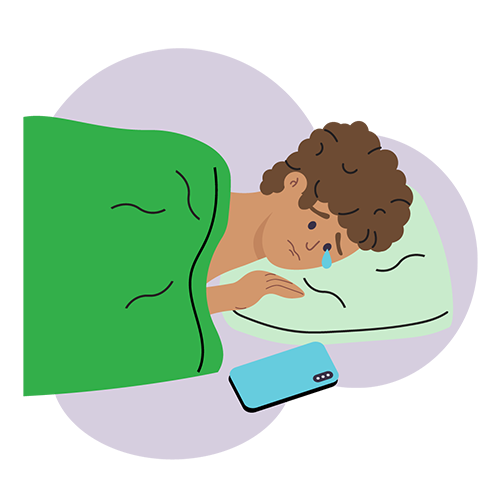 Illustration of young boy laying in bed with his phone cell phone nearby his pillow. He is crying