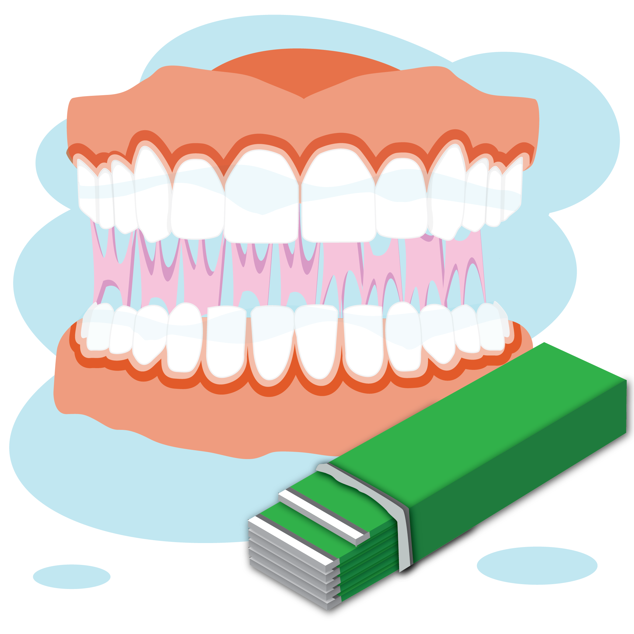 Illustration of teeth within jaw with pink sticky gum being pulled between the top and bottom teeth. An illustration of a pack of gum in a green wrapper in the foreground 