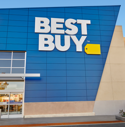 News - The front doors of a Best Buy store in bright daylight