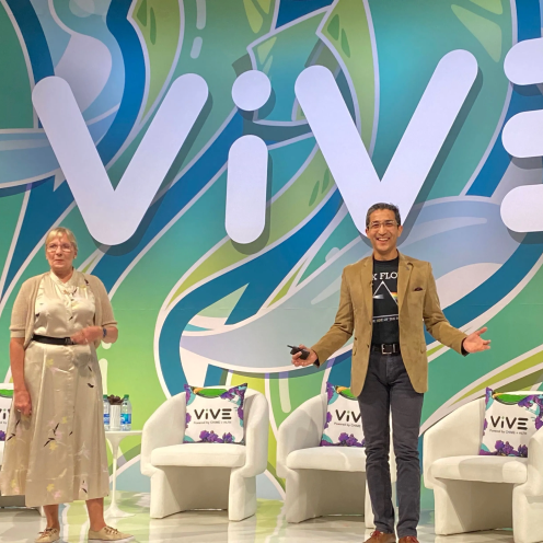 News - Deborah Di Sanzo, president of Best Buy Health, and Rasu Shrestha, chief innovation and commercialization officer for Advocate Health, speaking on stage at the ViVE Conference in Nashville.