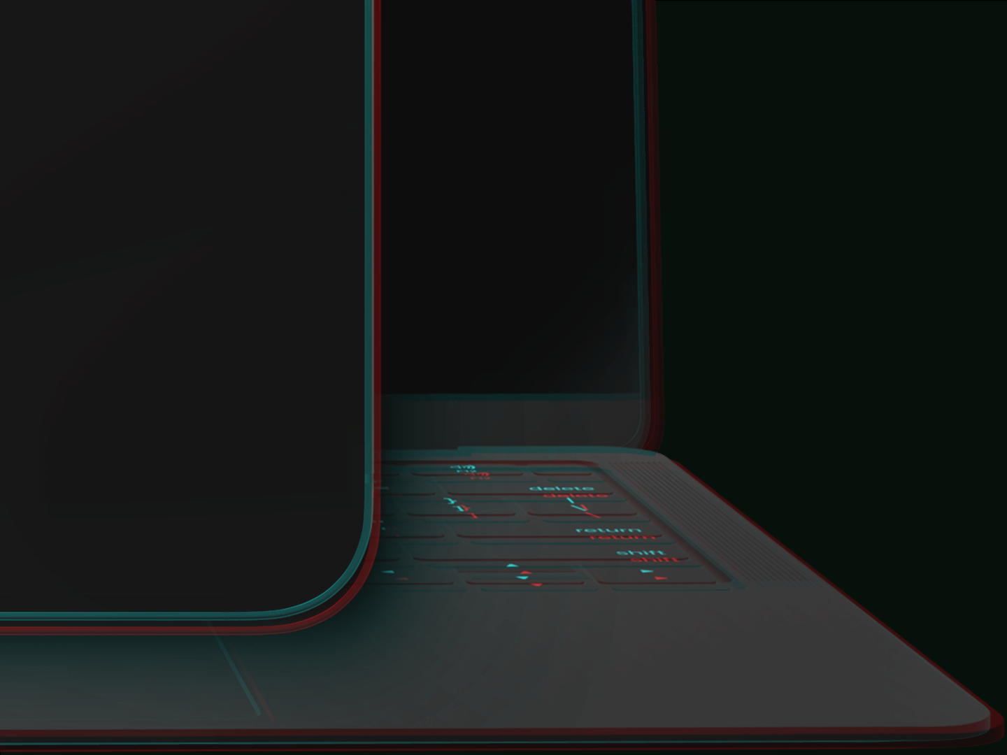 Section of the lower part of mobile and laptop screen with a glitch effect making the outline blue and red.