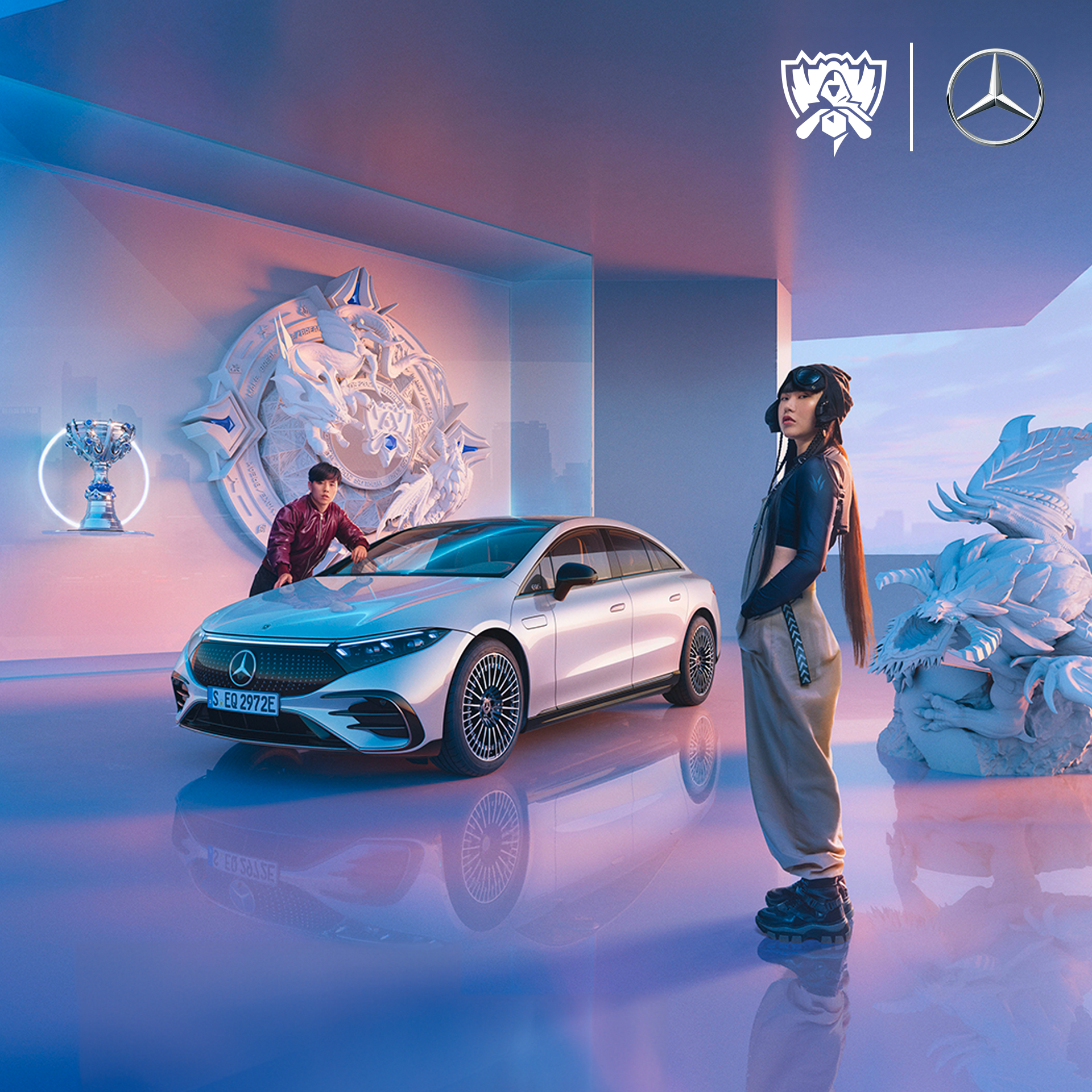 The image shows two people standing next to an EQ Mercedes car in a League of Legends background. Campaign „Exceed the game. Unleash the future“ by Jung von Matt NERDS that let Mercedes and League of Legends collaborate.