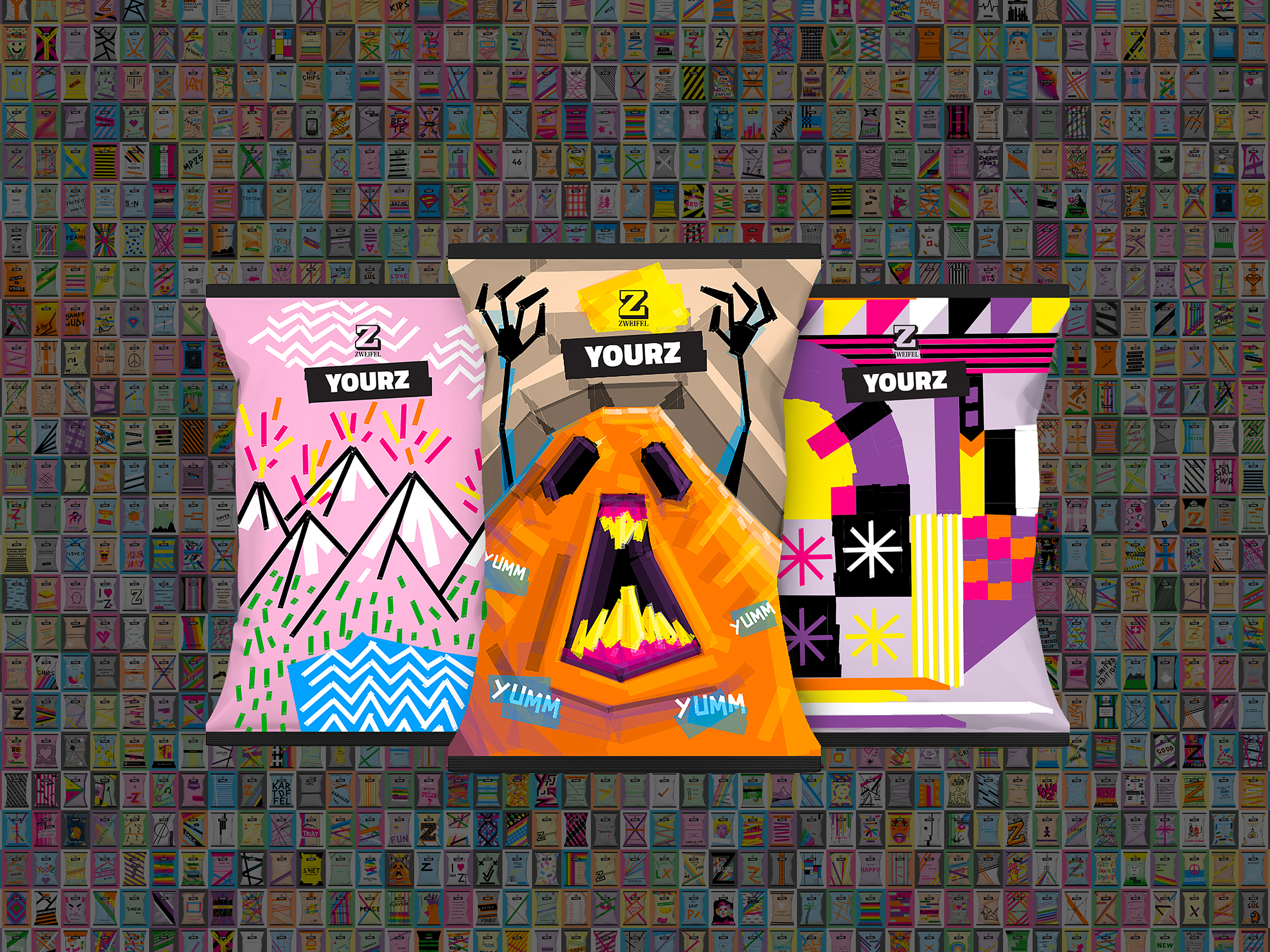 Image of three colorful and modern designed chips packages of the Zweifel brand from the campaign by Jung von Matt LIMMAT Zurich for Zweifel.