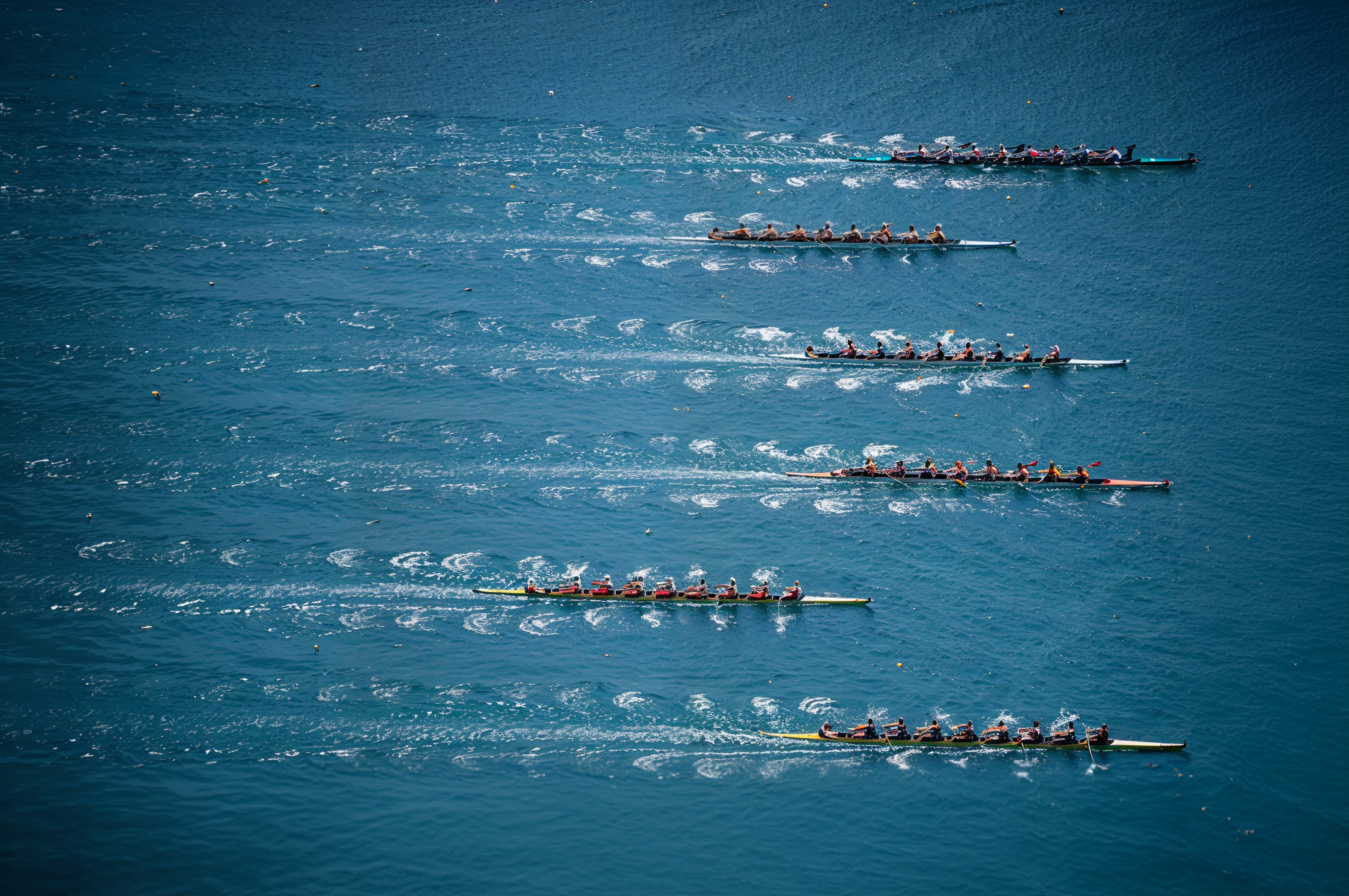 A dynamic scene of several boats competing in a race on the water, showcasing speed and excitement. 