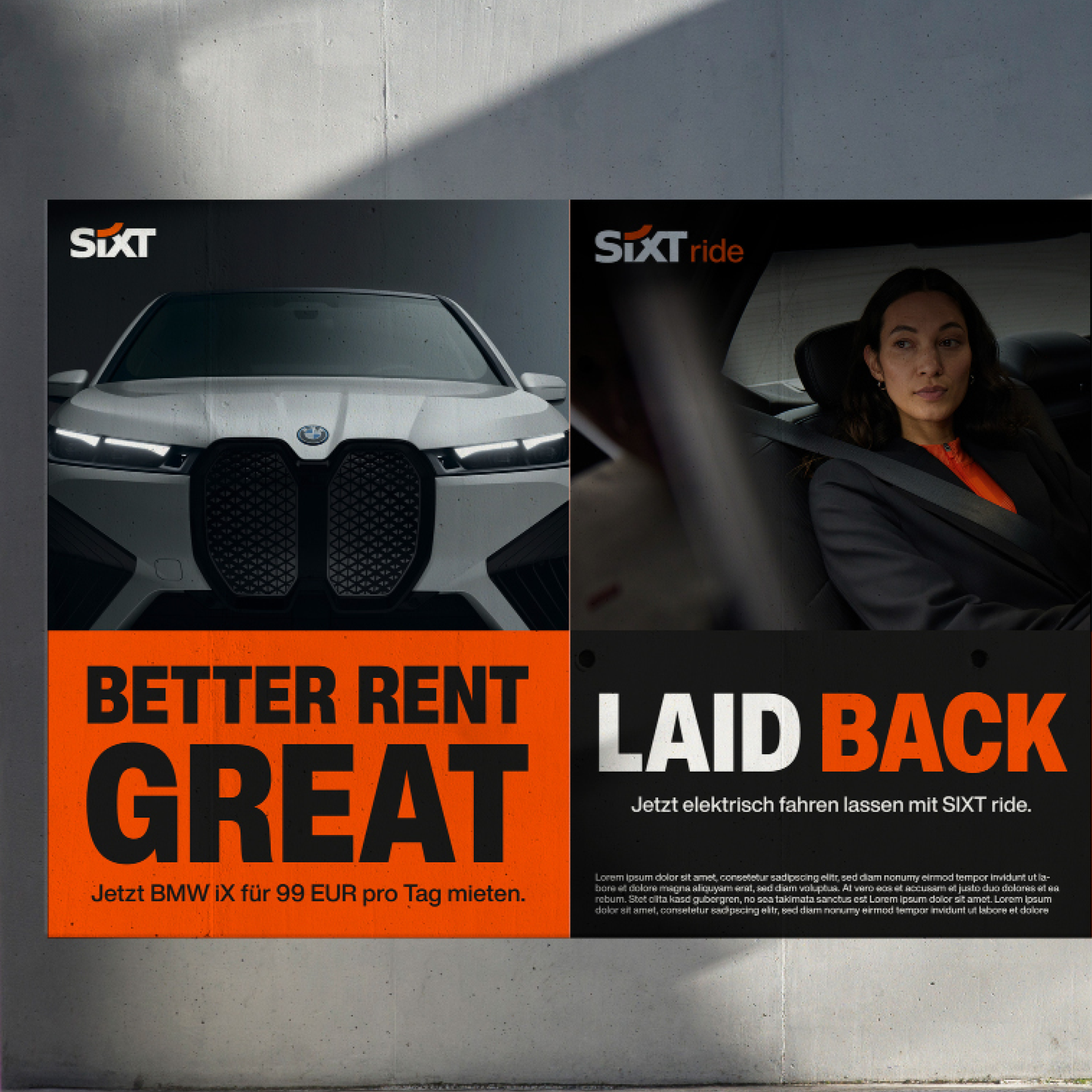 Four different SIXT ads executed in the new brand design by Jung von Matt BRAND IDENTITY, headlines: Better rent great, Laid back, Starten statt posen, Cars for free spirits