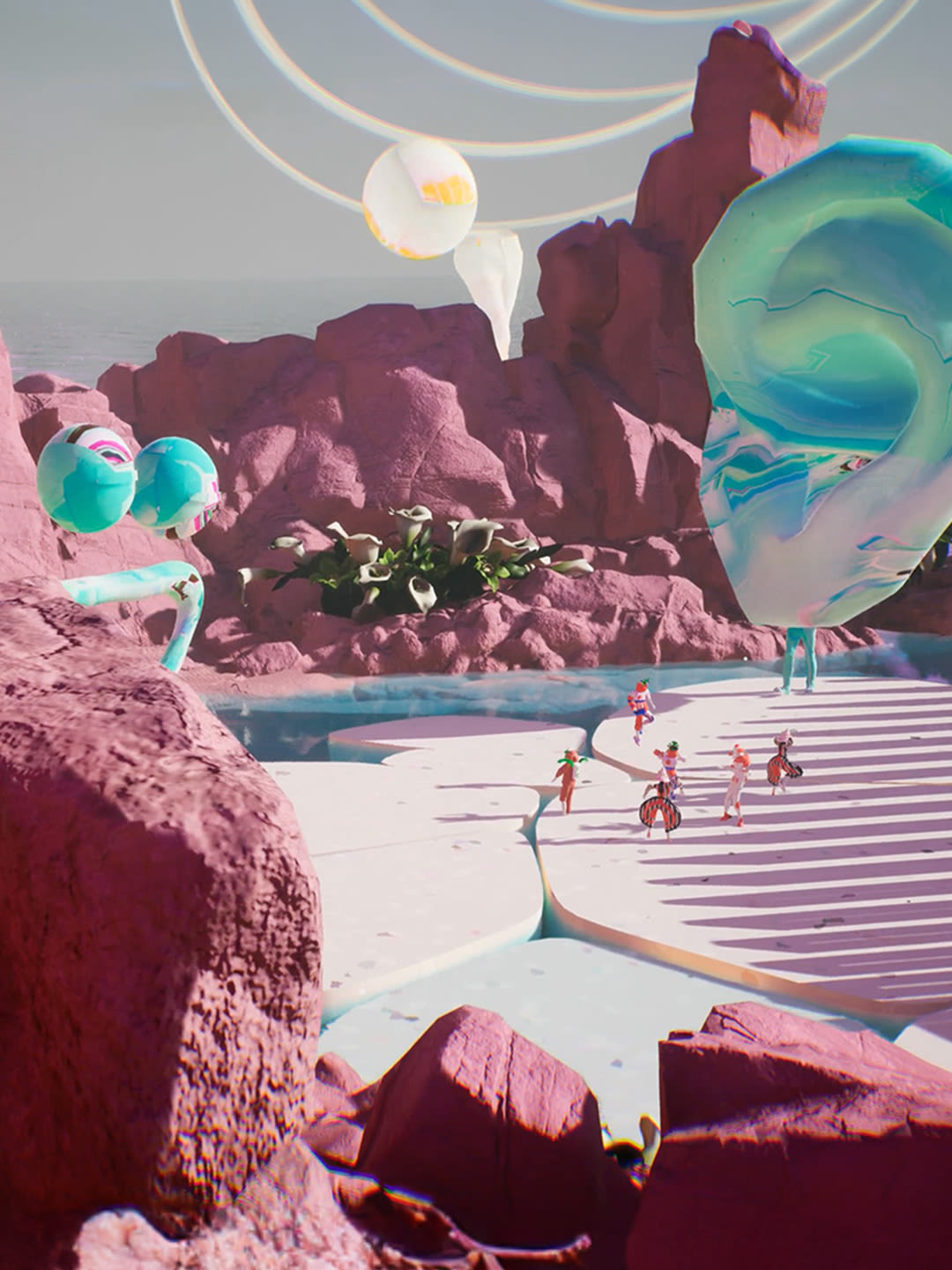 Image of the BMW Metaverse, fictional colorful world with pink rocks, two small legs with a big blue-green ear as a head, little fictional charcters and and big flowers growing on the rocks 