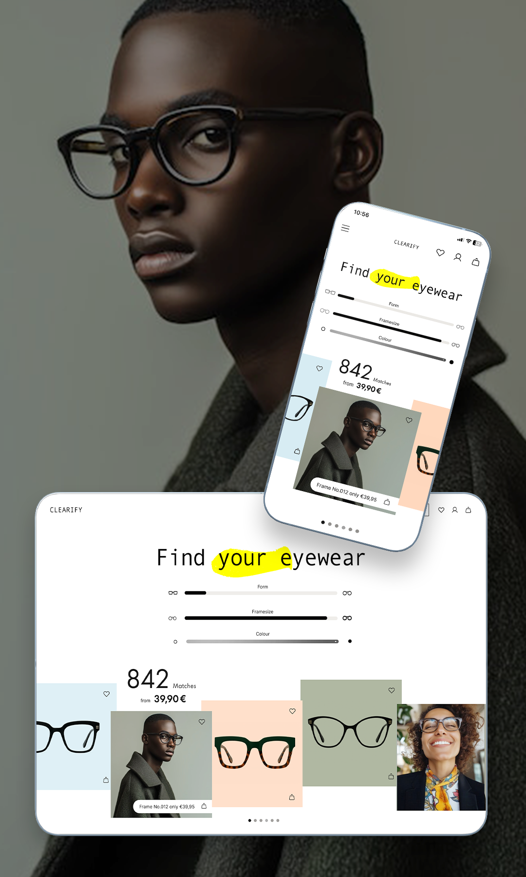 Frau mit Brille im Hintergrund, im Fokus steht die Fielmann Website.