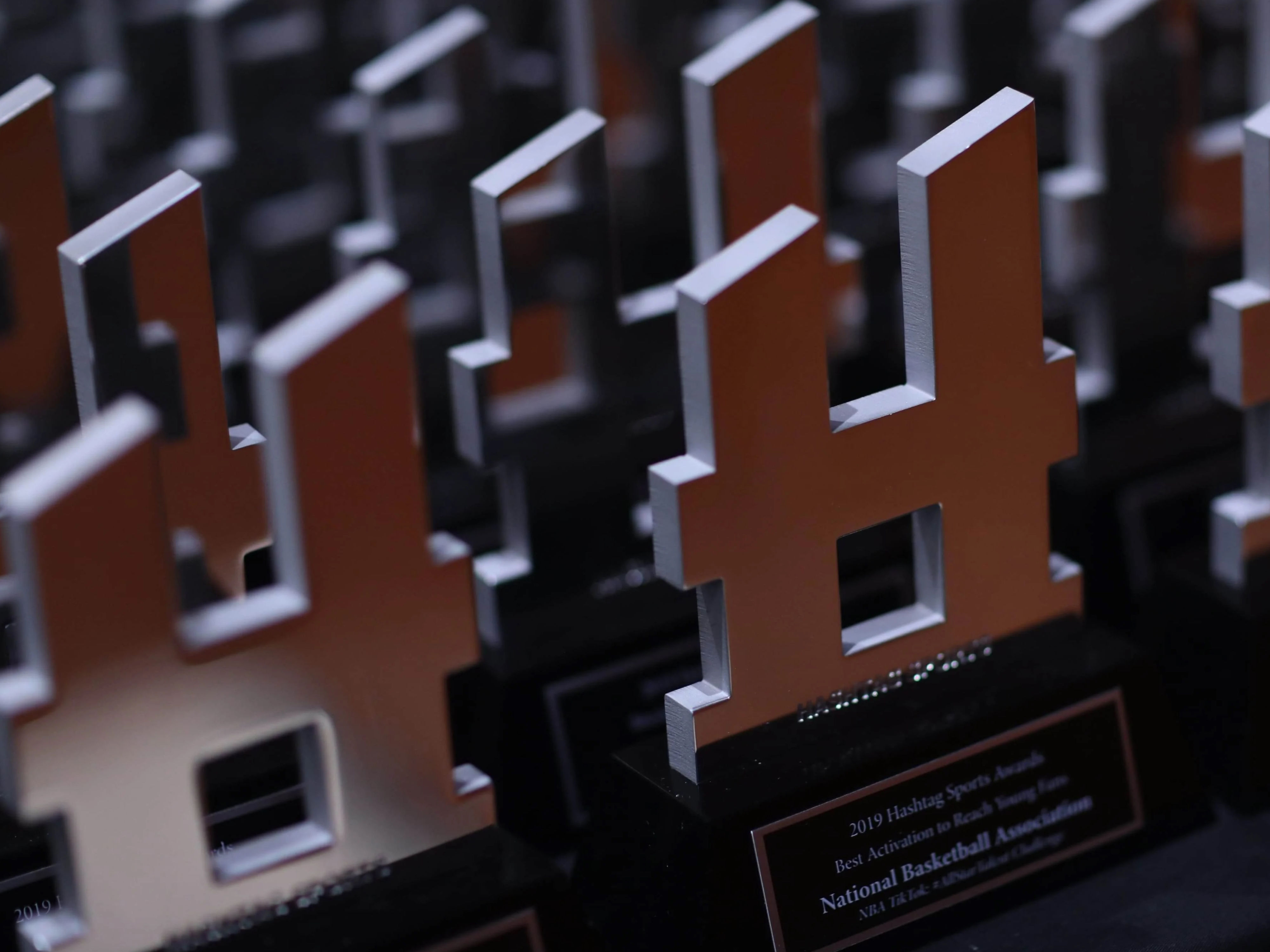 Close-up of trophies from the National Basketball Association's 2019 Hashtag Awards.
