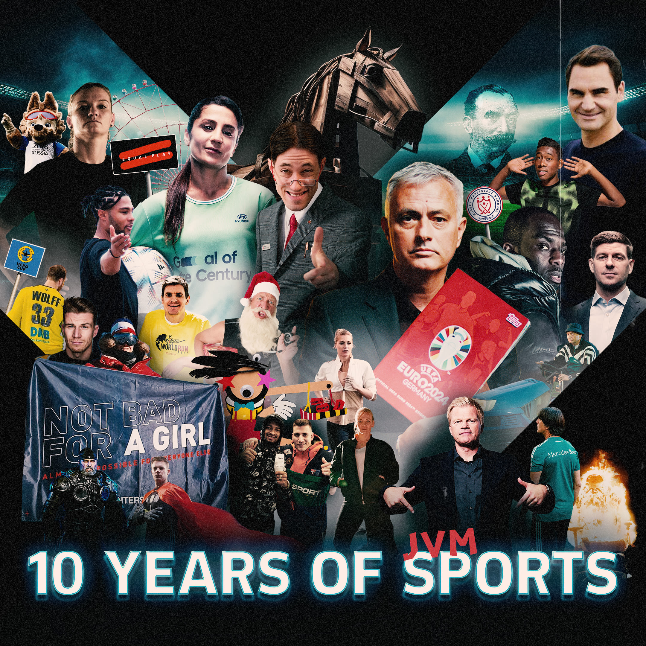 Collage representing 10 years of jvm sports, featuring various athletes, a coach, sports scenes, and iconic events.