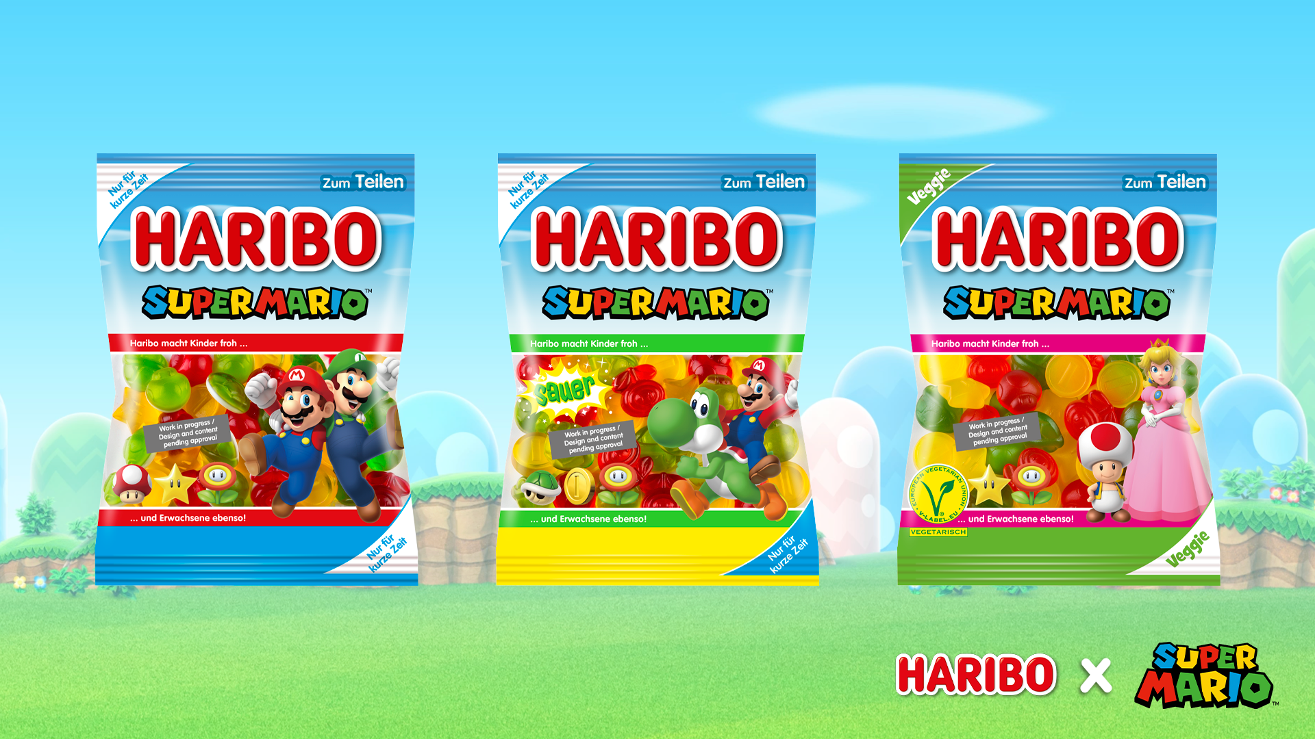 A sky colored video game background that says HARIBO x Super Mario.