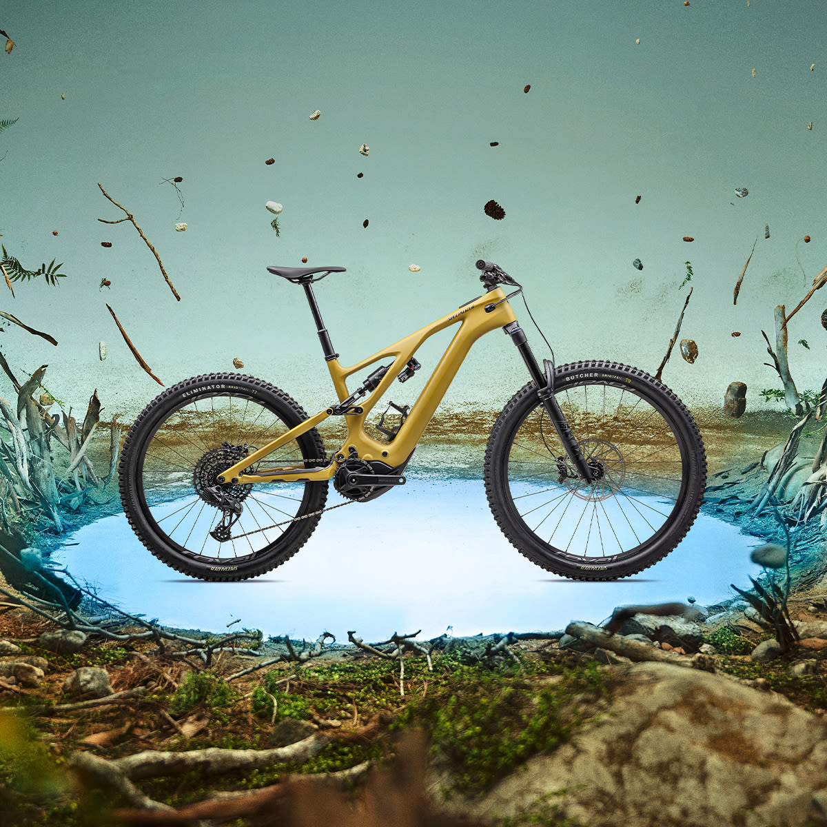 Picture of a gold and black mountain bike on some kind of a fictional lake. There are "natural objects" flying through the air.