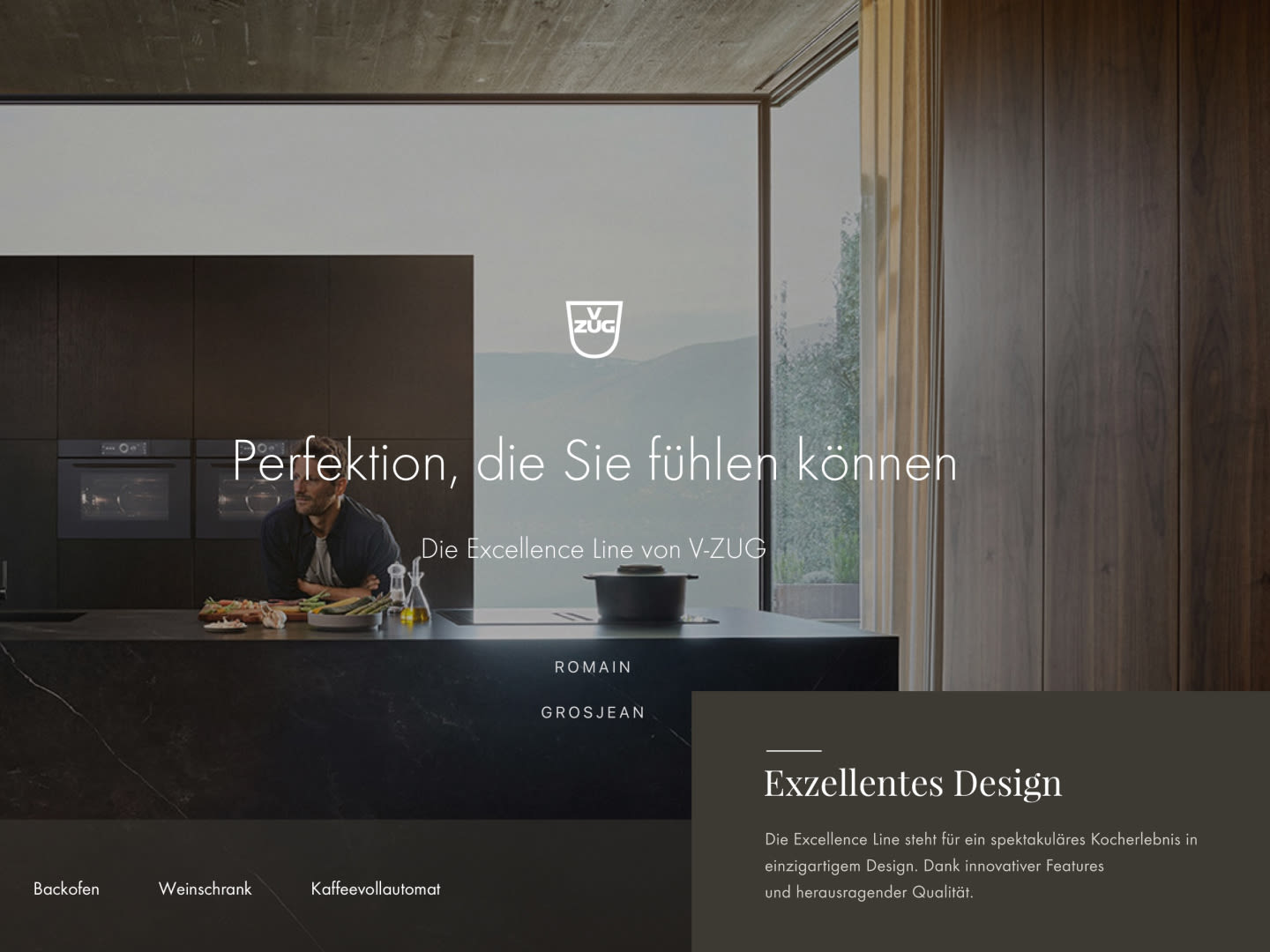 Image of the website V-ZUG with a kitchen in the background. In the foreground the slogan: "Perfection you can feel".