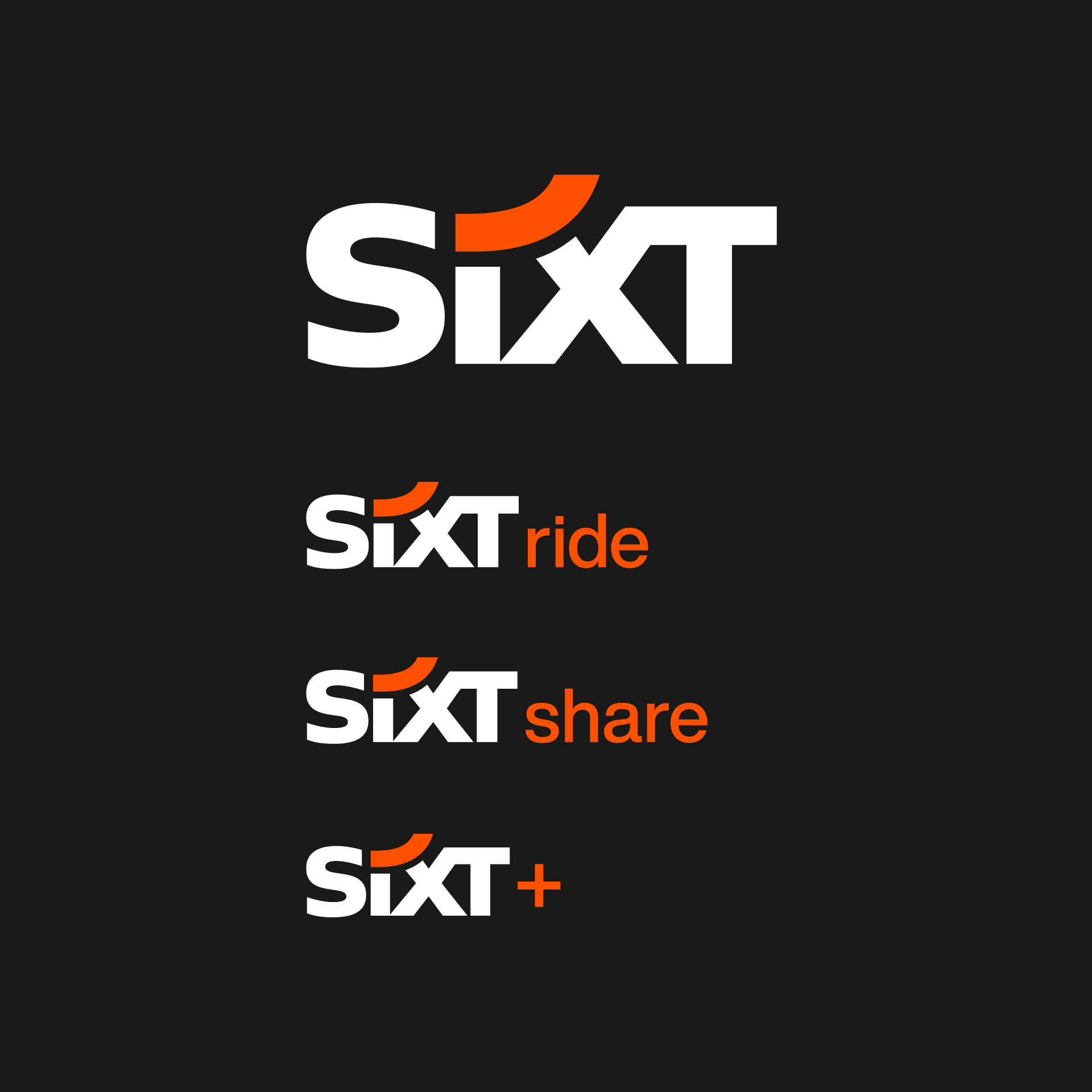 Four brand logos of iconic car rental company SIXT on black background: SIXT, SIXT ride, SIXT share, SIXT+
