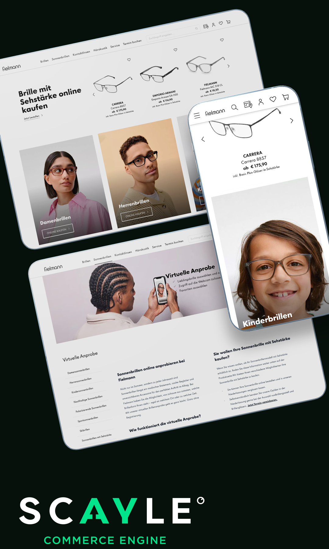 Three screens of the Fielmann website also featuring the logo of our valued partner Scayle, showcasing our exceptional partnership.