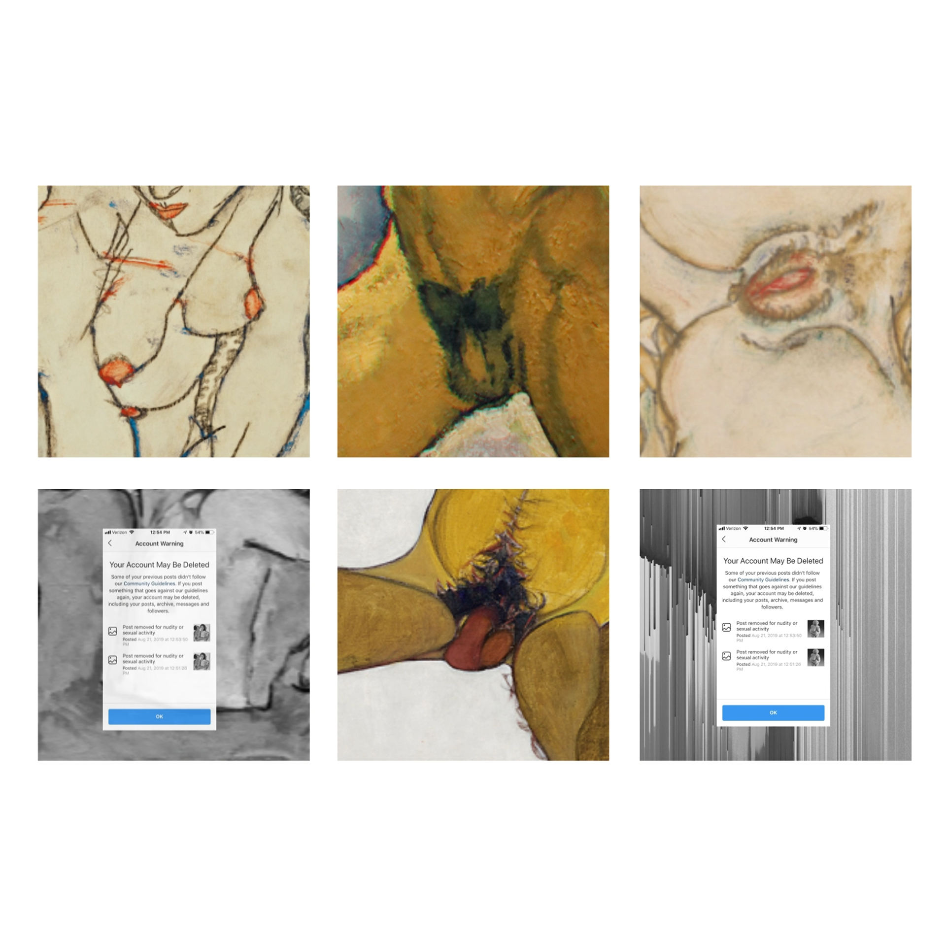 An image of six different iconic artworks showing nudity censored from social media for pornographic content, two images have the account warning: "Your account may be deleted"