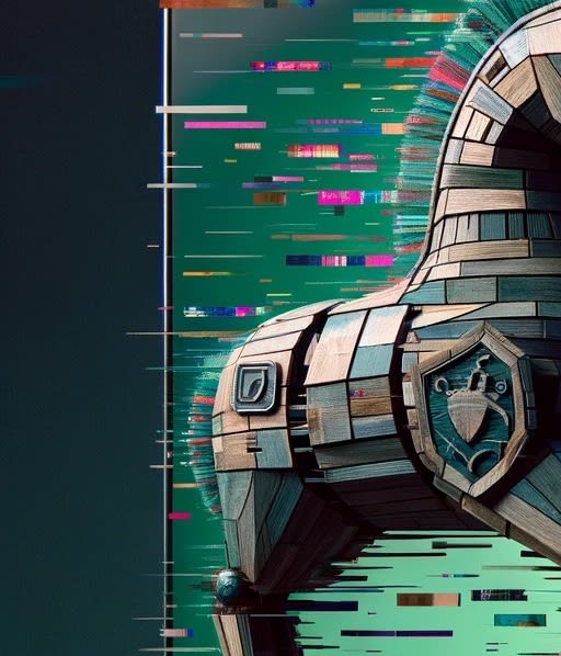 Digital artwork depicting a wooden trojan horse head with a glitch effect, featuring colorful pixelated streaks on a teal background_02