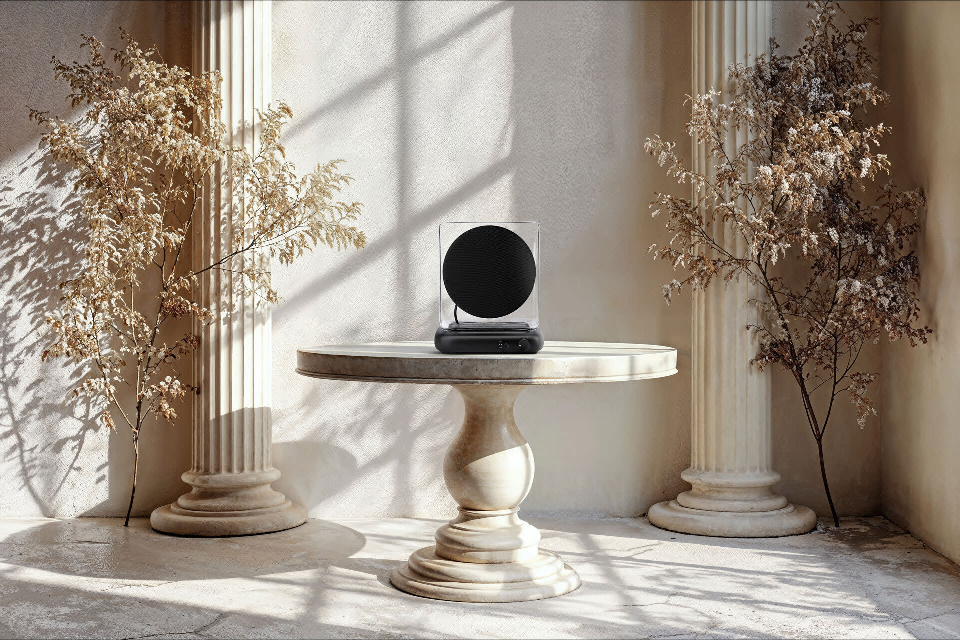 A table featuring a sleek black speaker positioned prominently on its surface, showcasing modern design and functionality. 