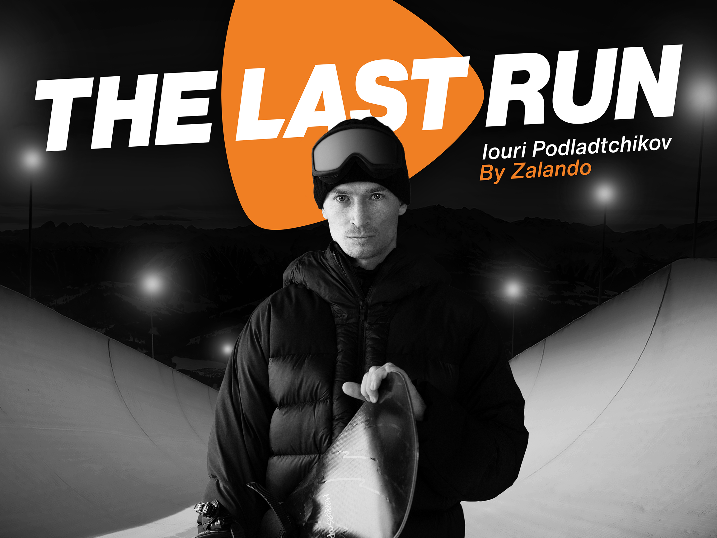 Image of former professional athlete Iouri Podladtchikov in snowboard gear for Jung von Matt LIMMAT Zurich campaign "The last run" for Zalando.