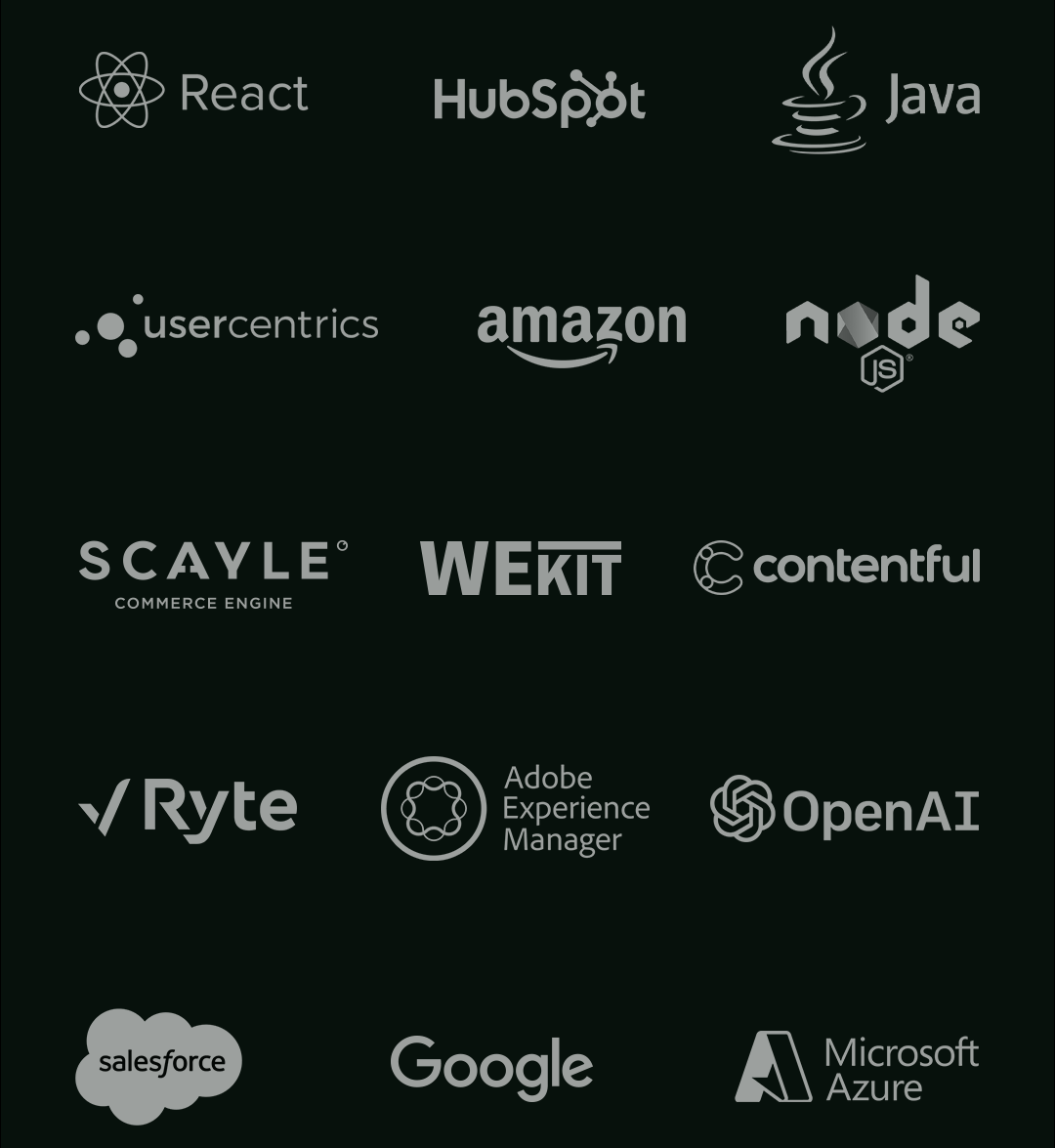 Collection of logos representing the various technologies utilized by JvM TECH for backend, frontend and headlesss architecture projects.