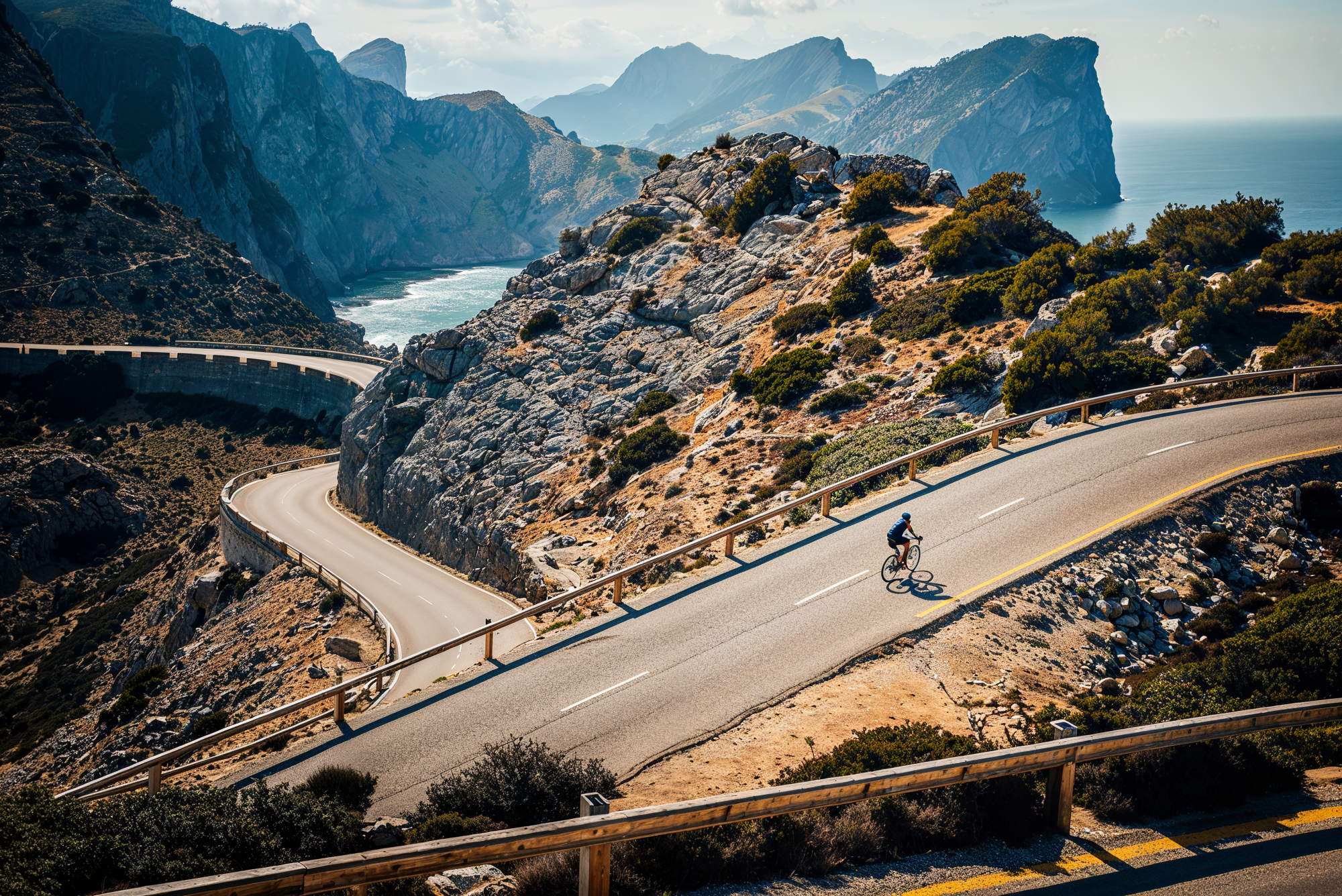  A cyclist navigates a winding road, showcasing the beauty of outdoor biking and the thrill of the journey ahead. 