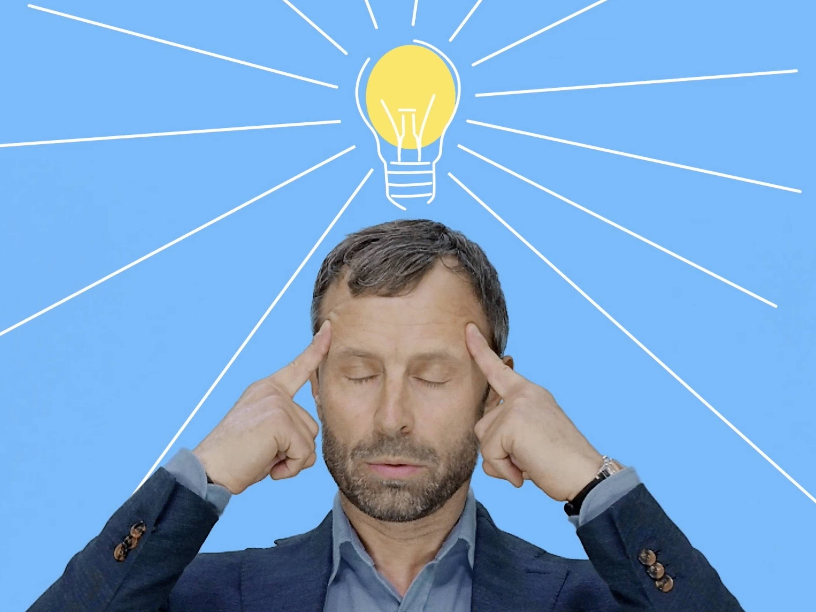 Image of the torso of a man in a suit holding his forehead with both index fingers in front of a light blue background. Above his head a drawn light bulb.