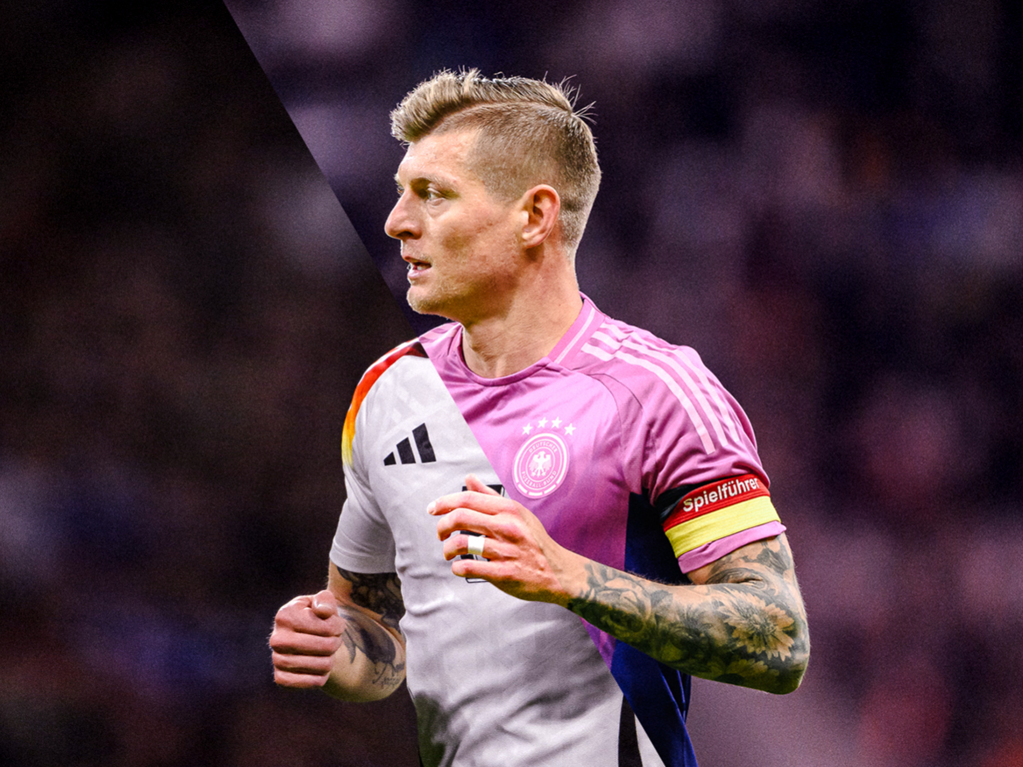 Toni Kroos, a soccer player, focused and ready for action on the pitch.