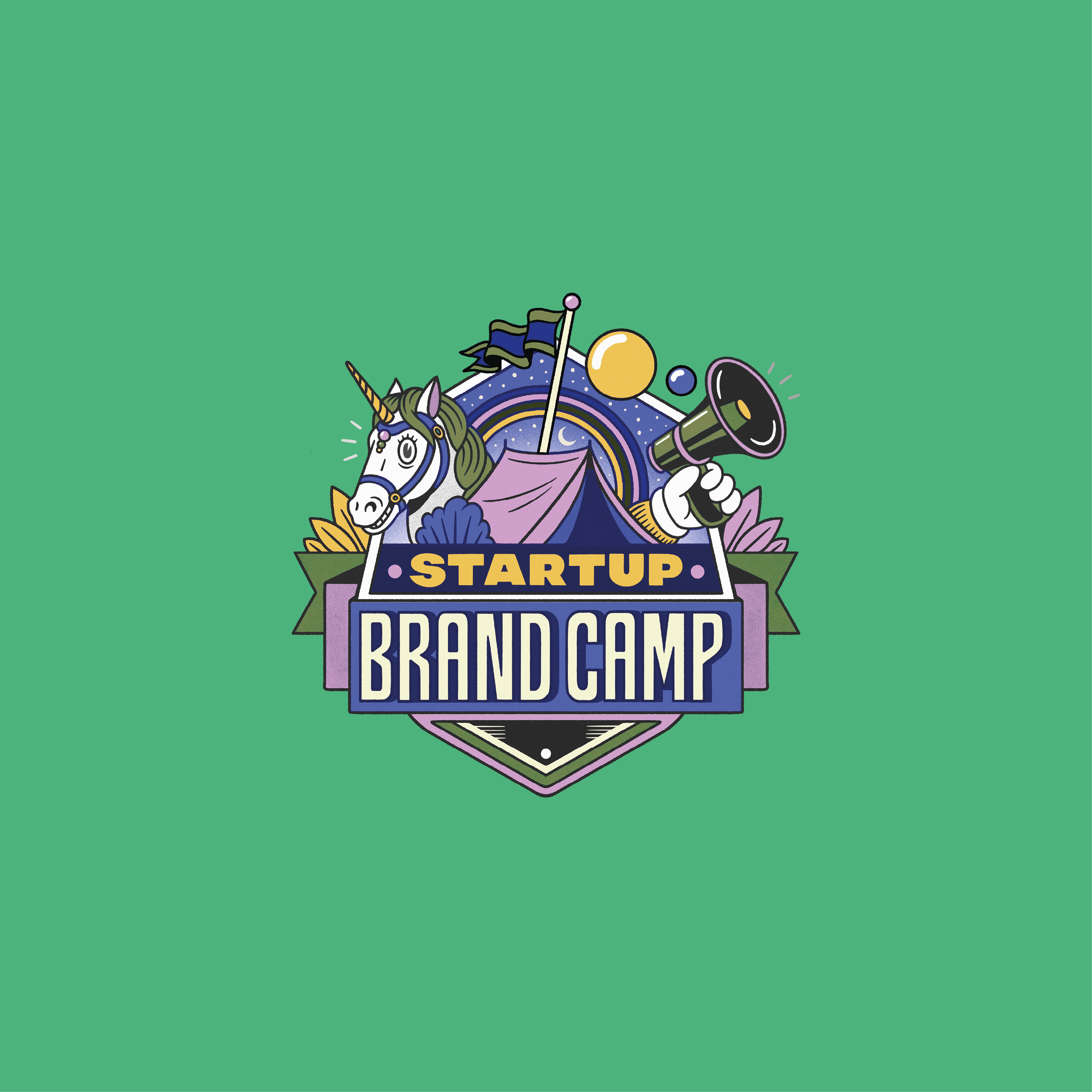 Picture of a logo on green surface for the brand called start up brand camp.