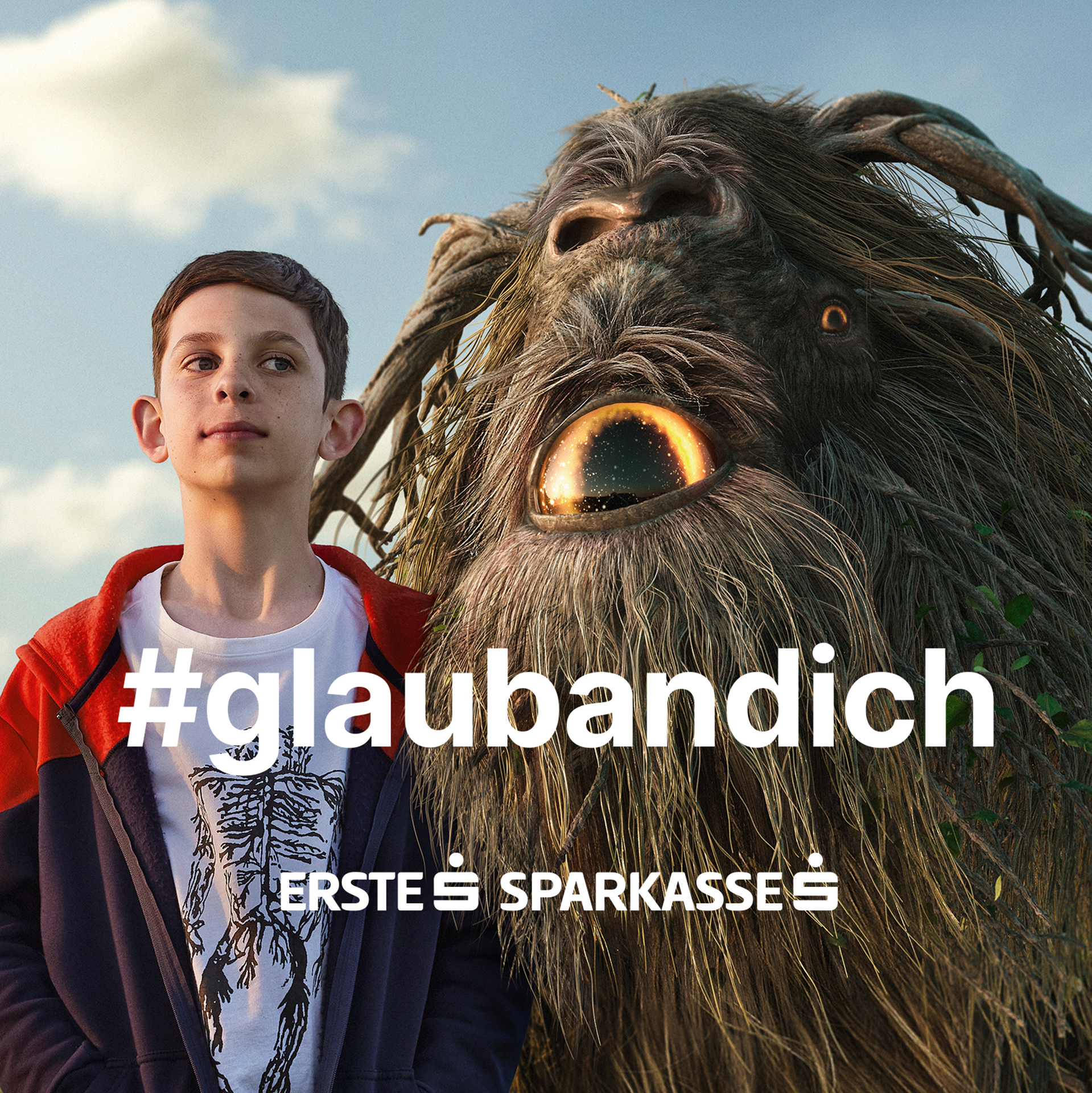 Image of a boy in sweatshirt jacket next to a fictional creature from the successful campaign #glaubandich by Jung von Matt DONAU for Sparkasse. 