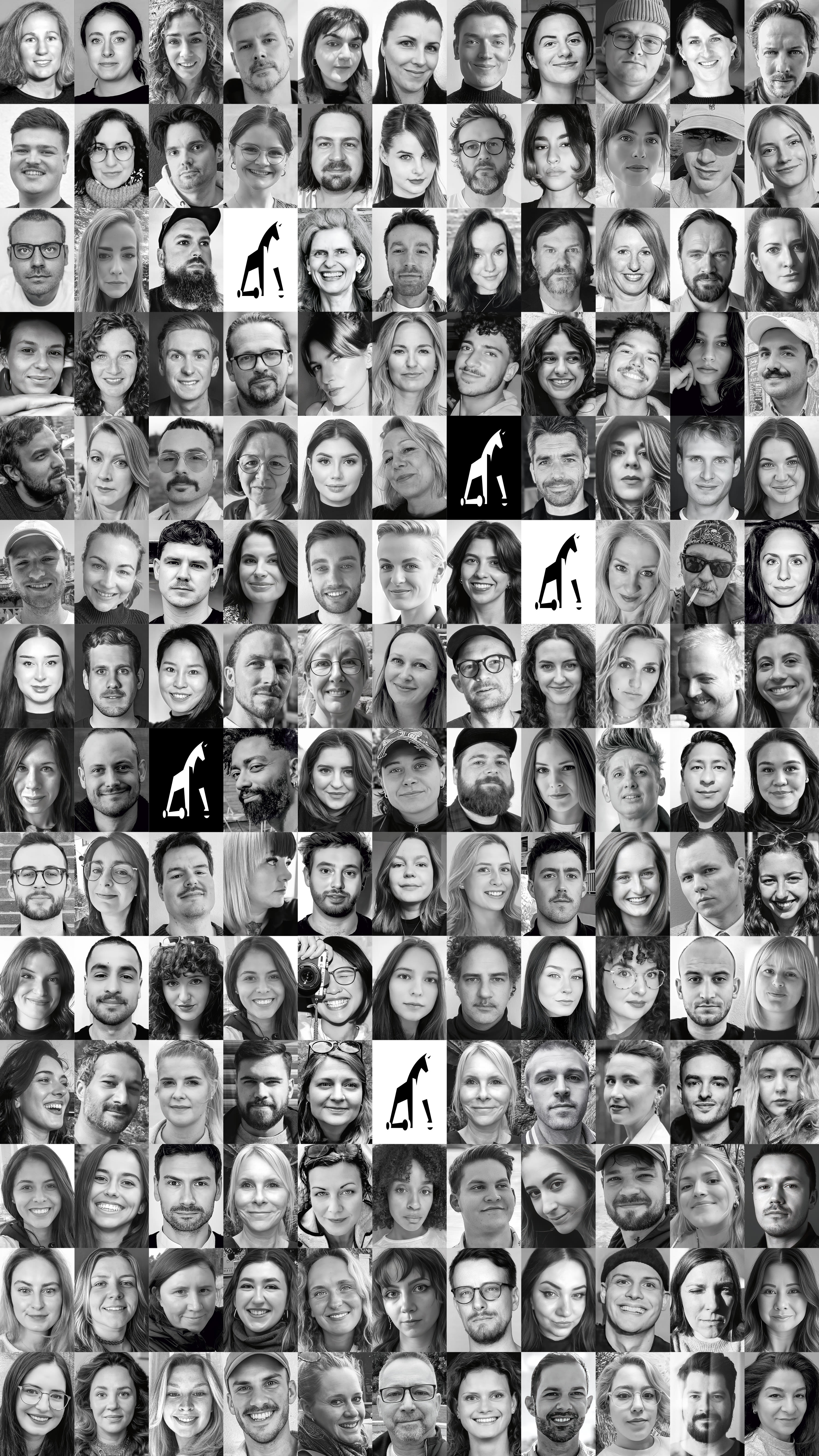 Image of several facial portraits of Jung von Matt SPREE employees in a black and white miniature tile look.