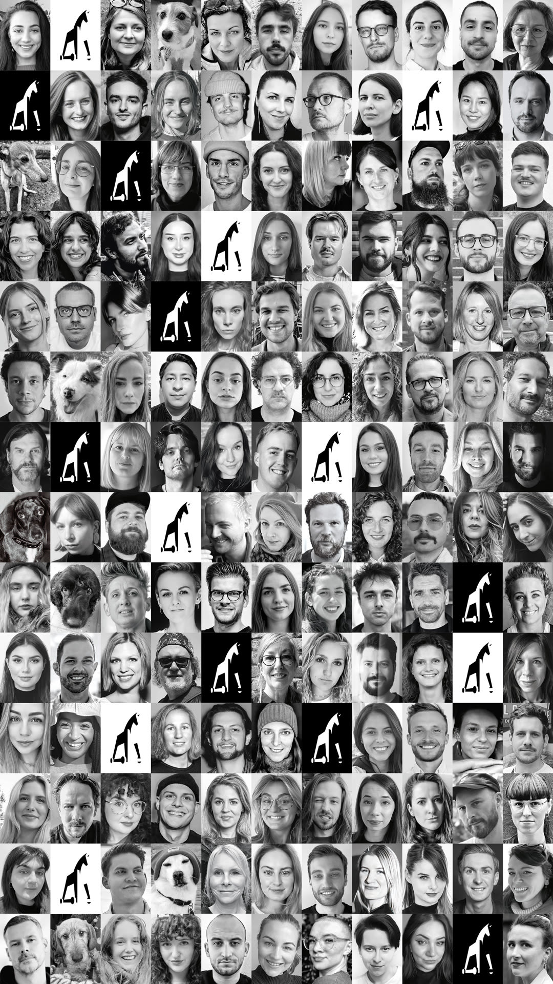 Image of several facial portraits of Jung von Matt SPREE employees in a black and white miniature tile look.