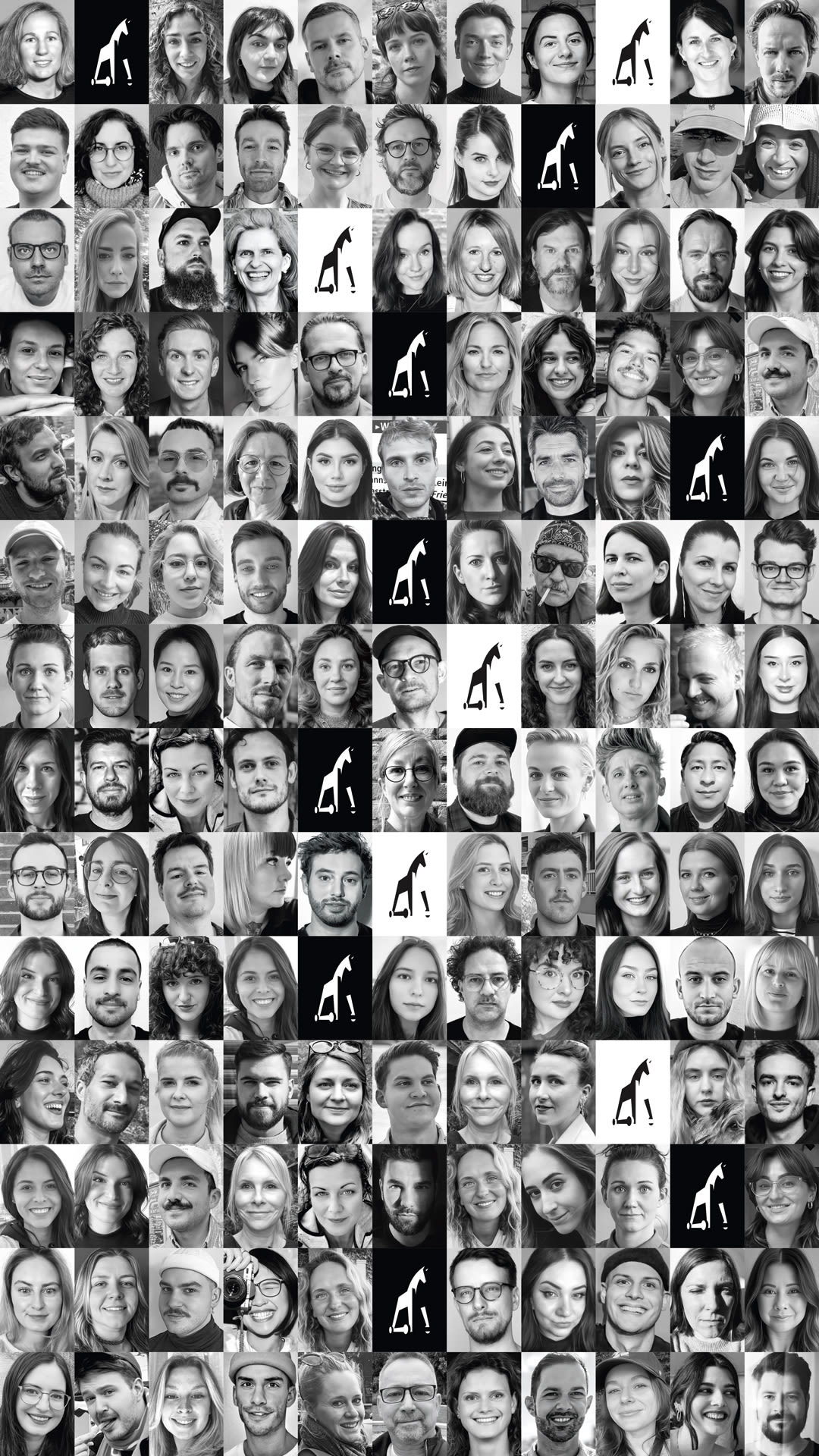 Image of several facial portraits of Jung von Matt SPREE employees in a black and white miniature tile look.