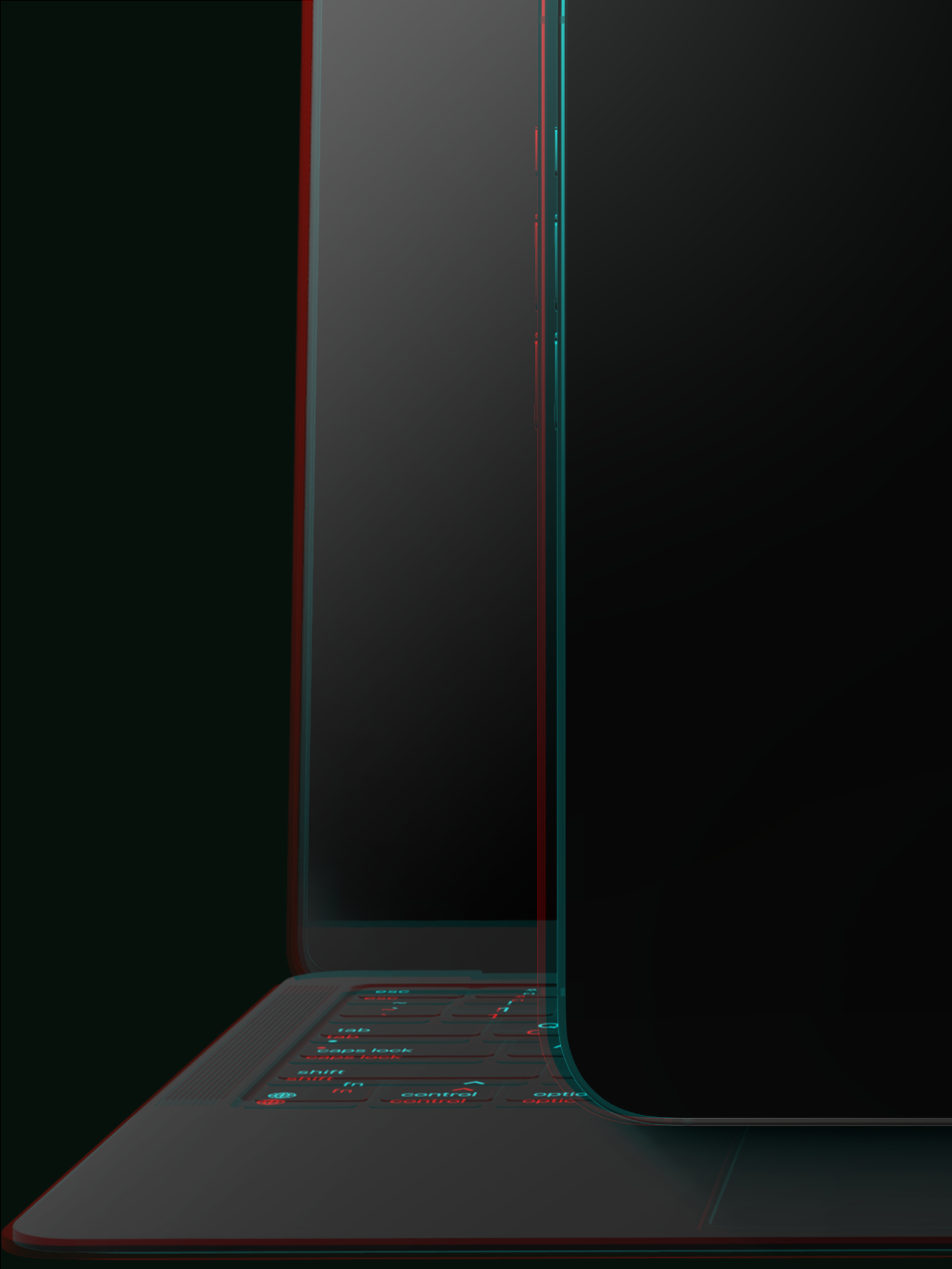Section of the lower part of mobile and laptop screen with a glitch effect making the outline blue and red.