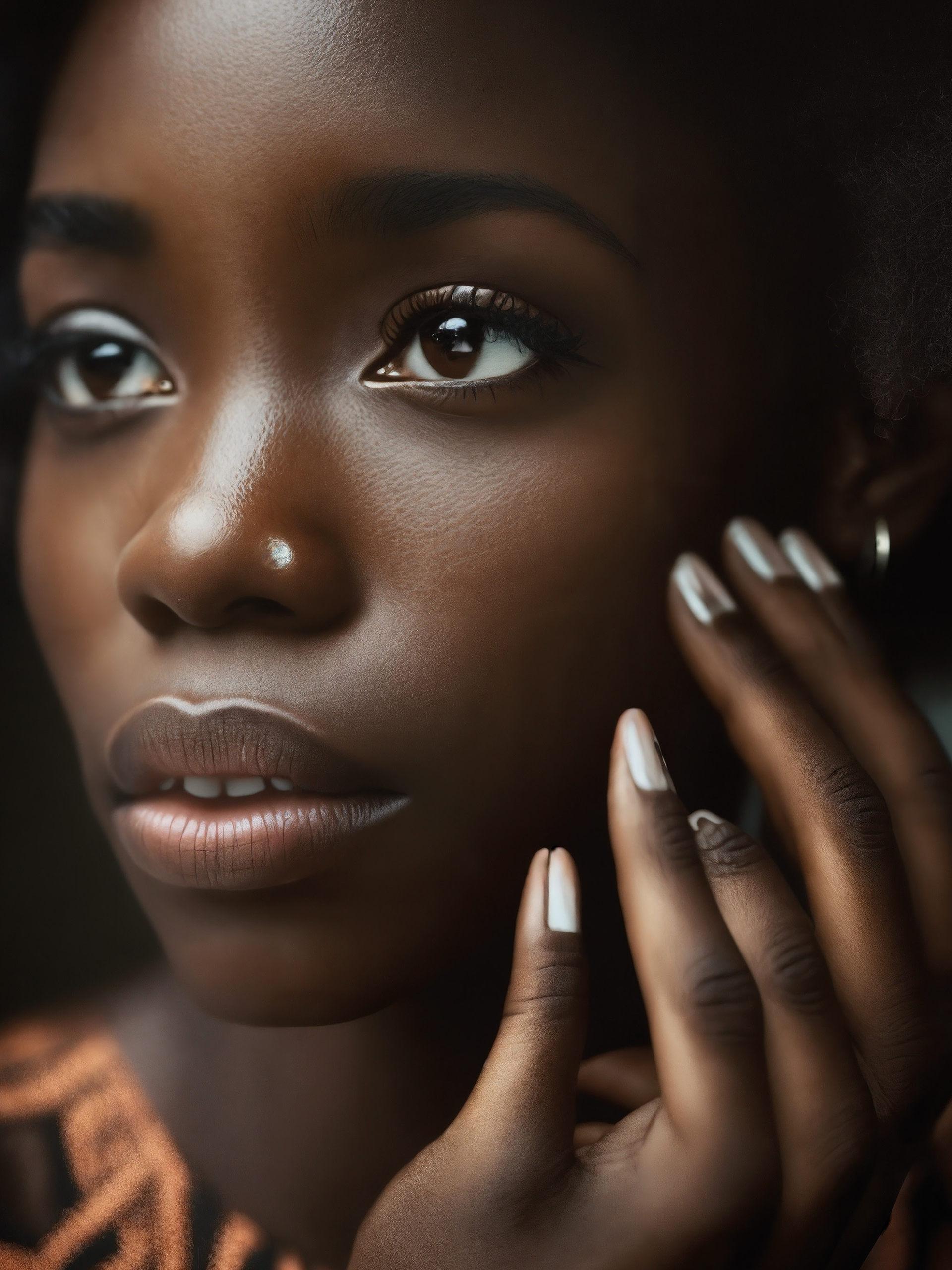 Image of a half face portrait of a black woman putting her fingers in front of her face.