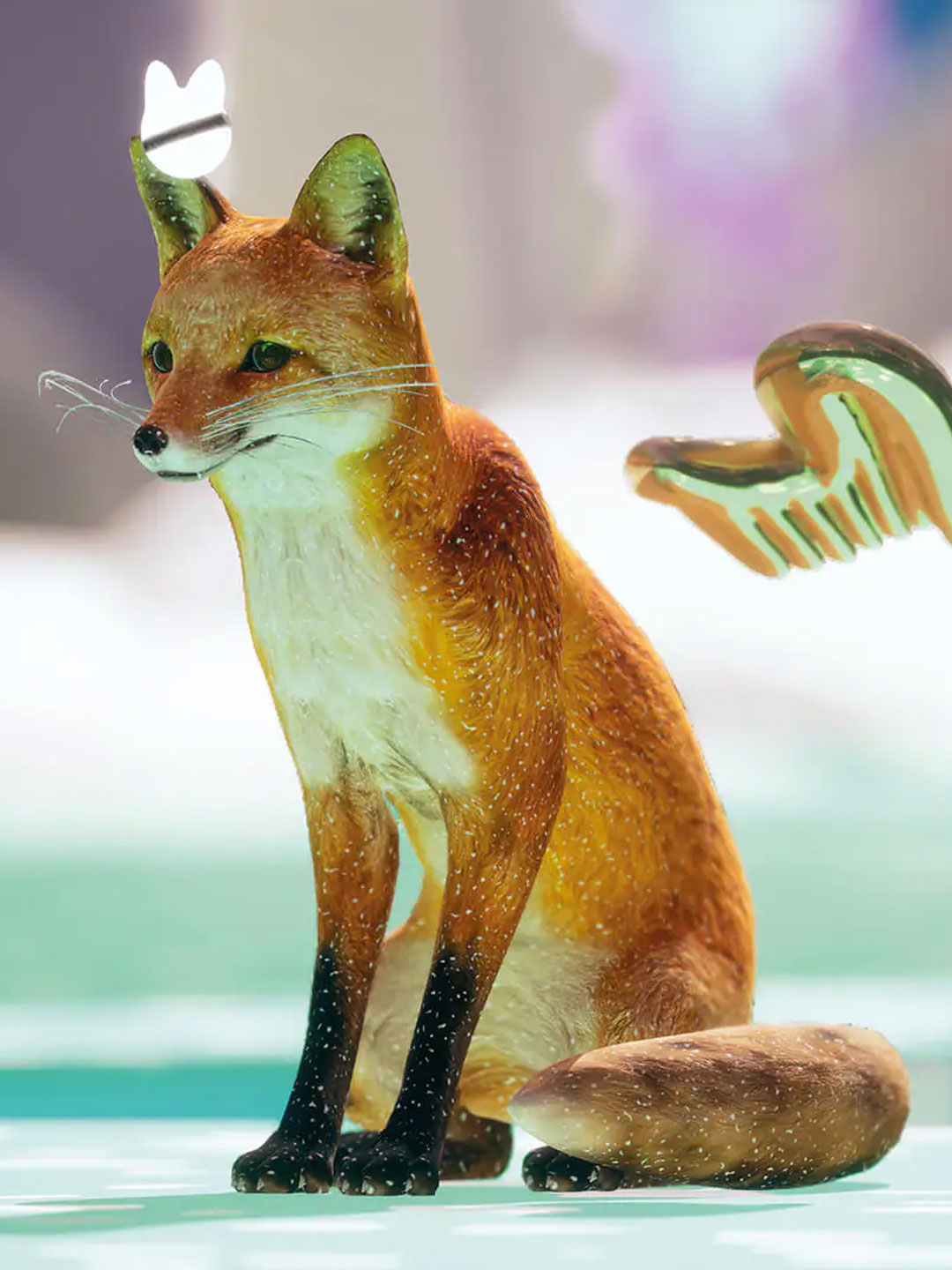 A BMW metaverse figure of a fox with wings sitting on a light green flat surface